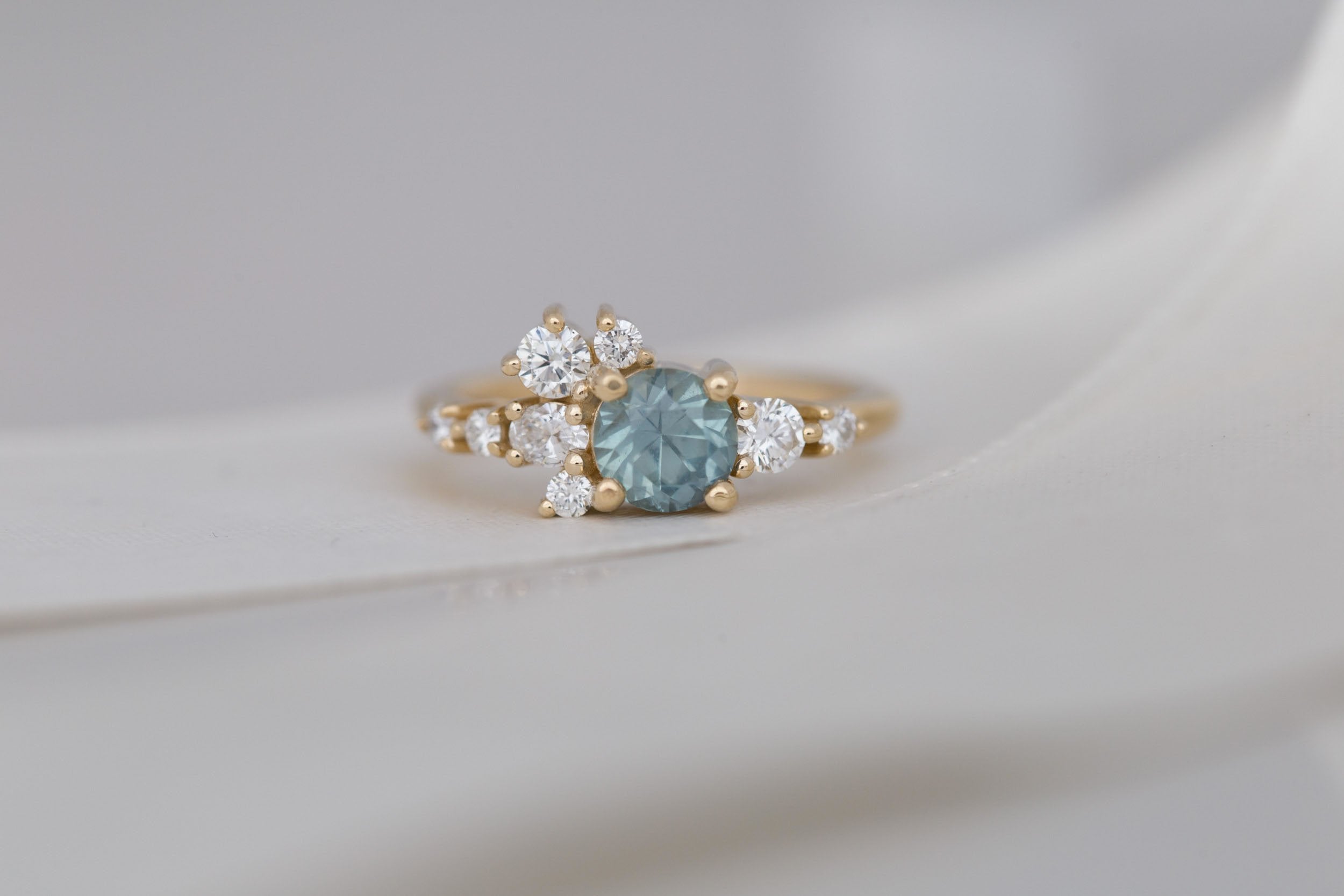 Ilia Ring | Light Teal Montana Sapphire + Diamond Cluster Engagement Ring 1.08 ct | 14k Recycled Gold | One of a Kind
