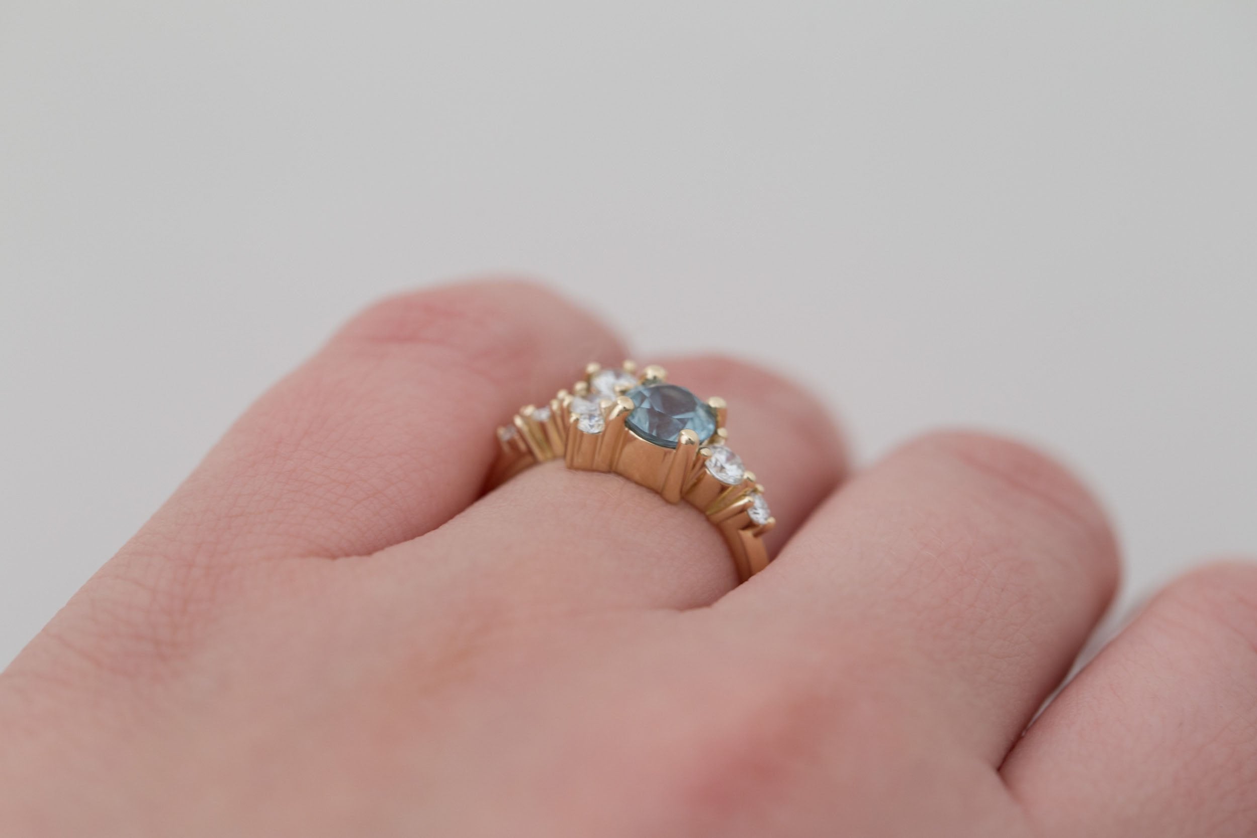 Ilia Ring | Light Teal Montana Sapphire + Diamond Cluster Engagement Ring 1.08 ct | 14k Recycled Gold | One of a Kind