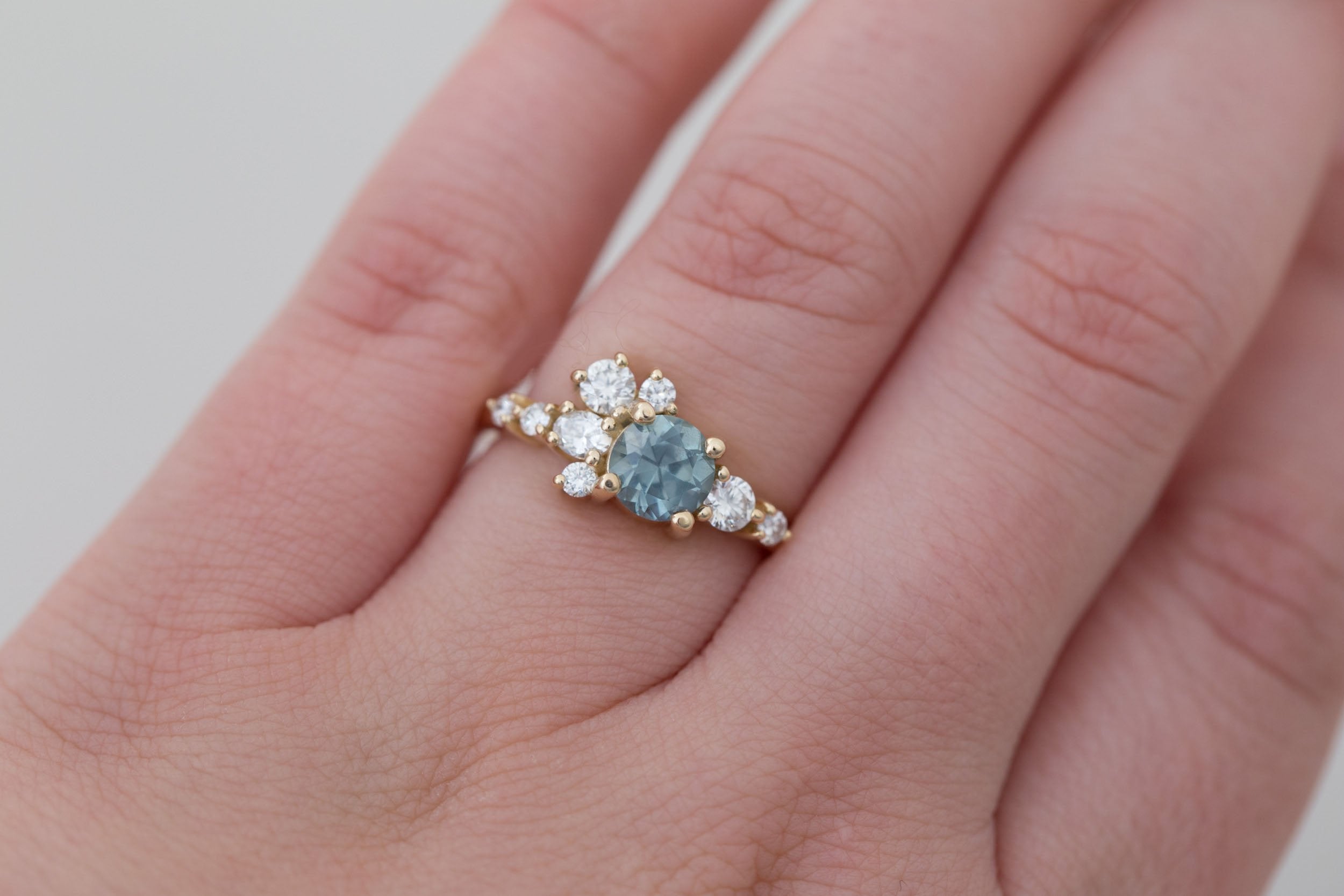 Ilia Ring | Light Teal Montana Sapphire + Diamond Cluster Engagement Ring 1.08 ct | 14k Recycled Gold | One of a Kind