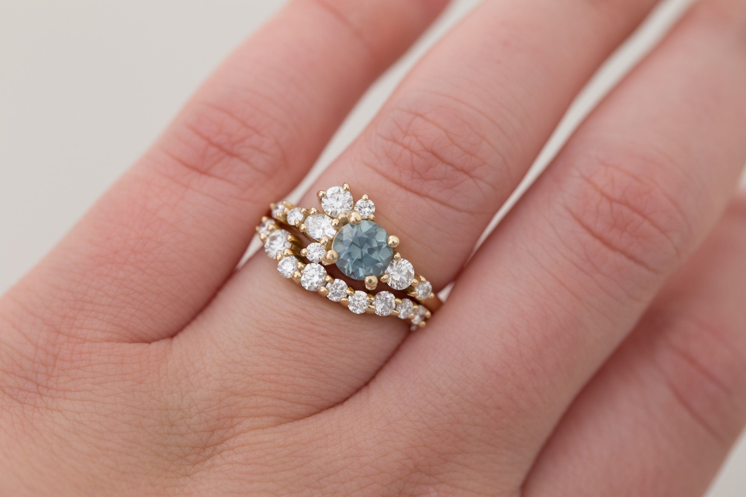 Ilia Ring | Light Teal Montana Sapphire + Diamond Cluster Engagement Ring 1.08 ct | 14k Recycled Gold | One of a Kind