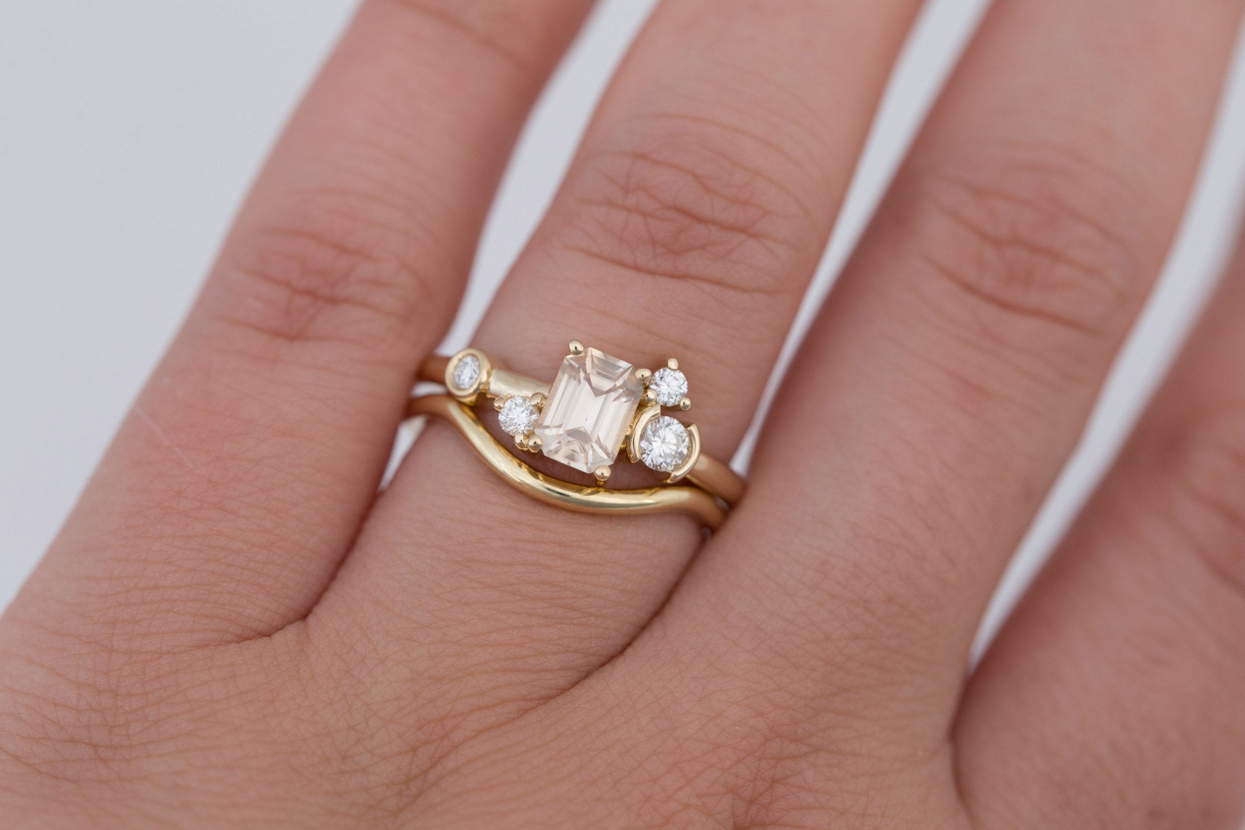 Mae Ring | Emerald Cut Apricot Sapphire + Diamond Cluster Ring 1.09 | 14k Recycled Gold | One of a Kind