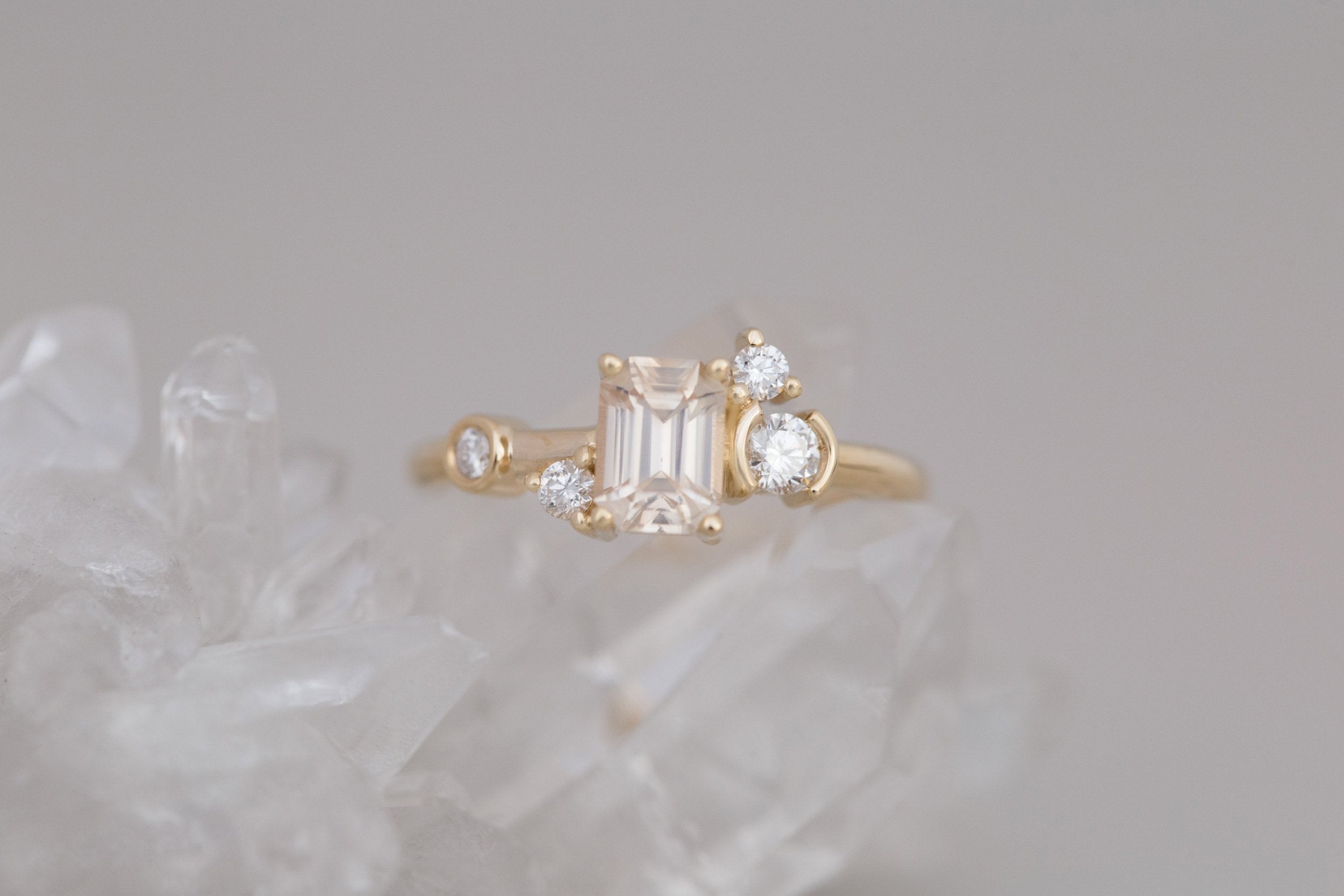 Mae Ring | Emerald Cut Apricot Sapphire + Diamond Cluster Ring 1.09 | 14k Recycled Gold | One of a Kind