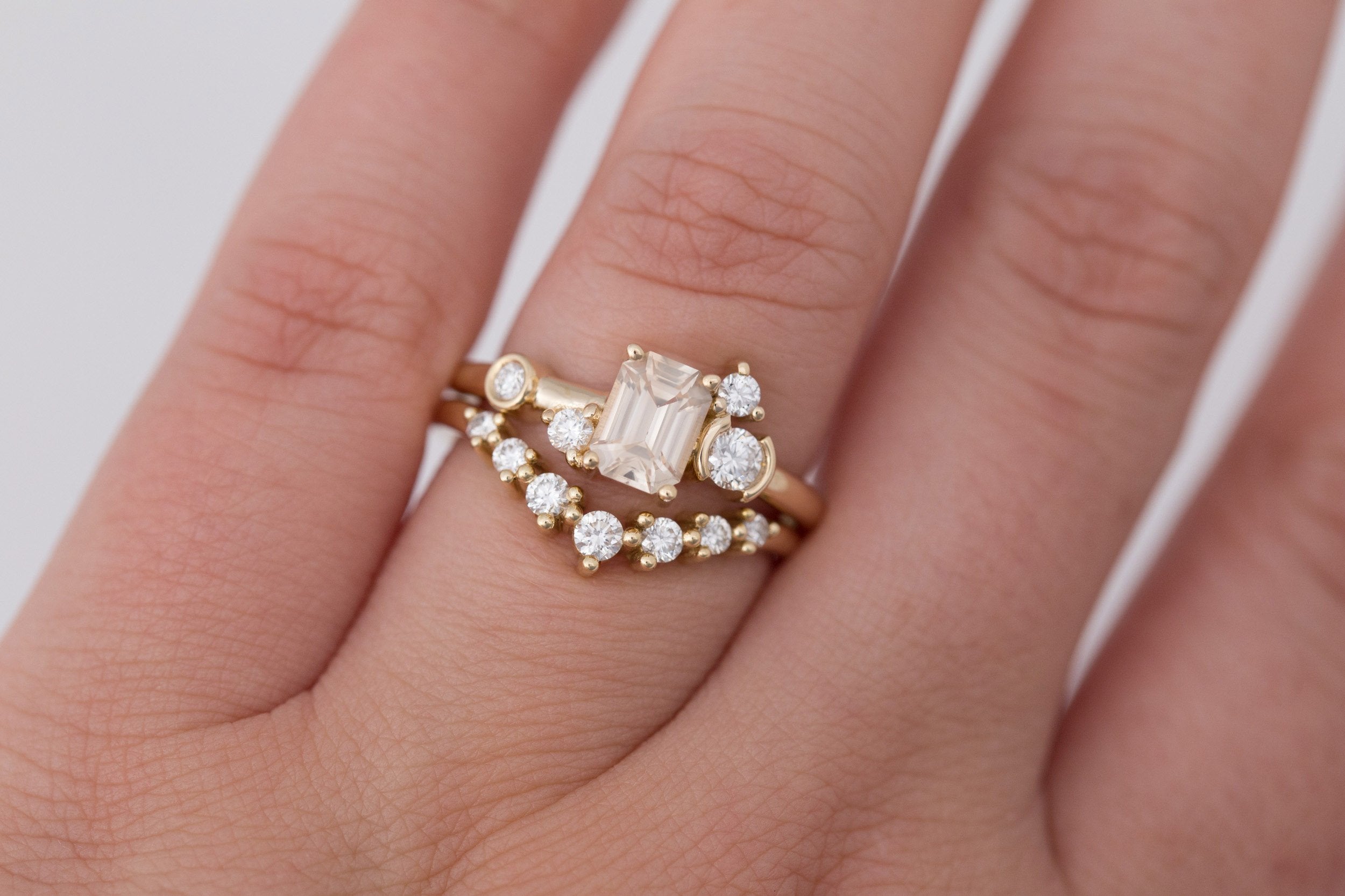 Mae Ring | Emerald Cut Apricot Sapphire + Diamond Cluster Ring 1.09 | 14k Recycled Gold | One of a Kind