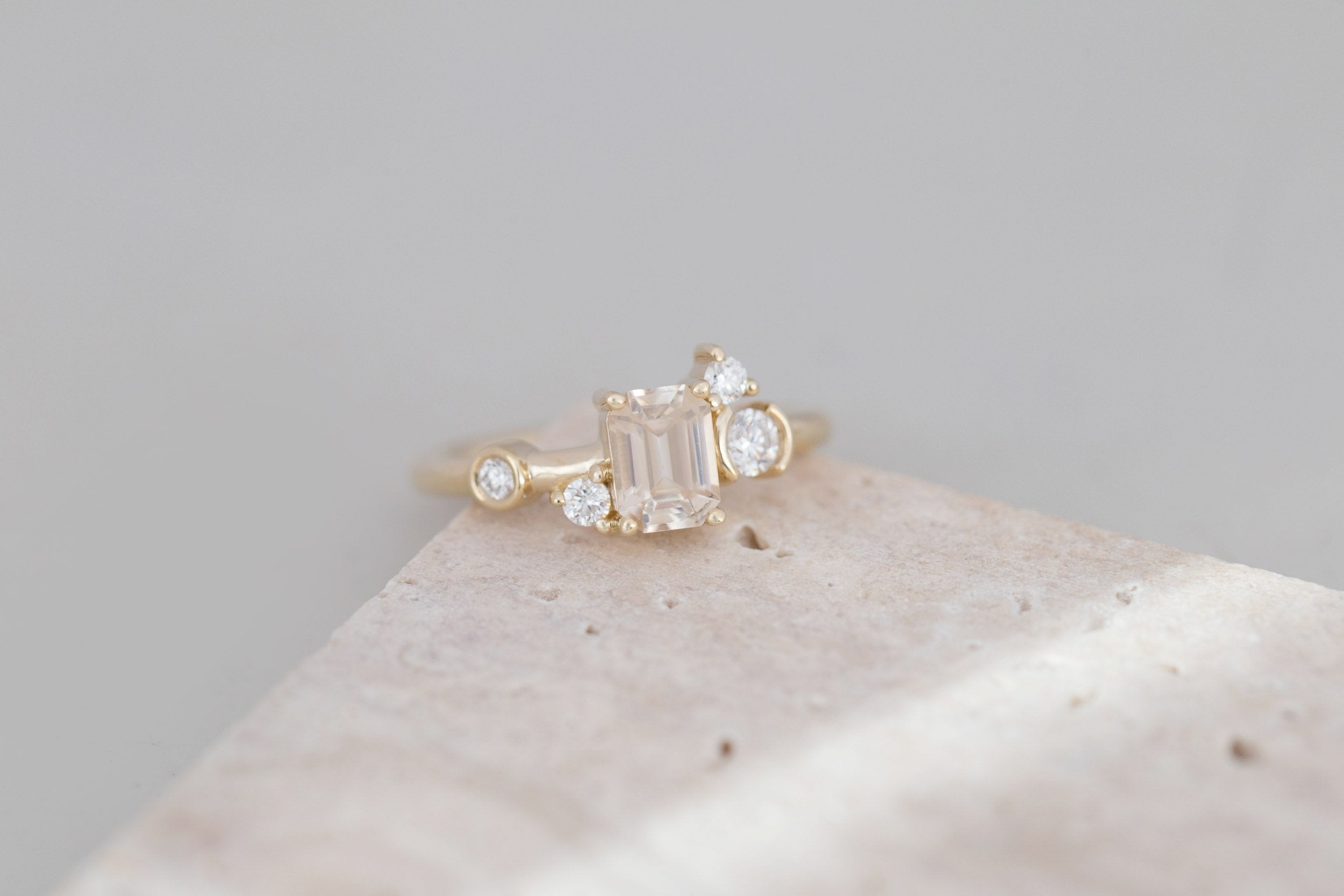 Mae Ring | Emerald Cut Apricot Sapphire + Diamond Cluster Ring 1.09 | 14k Recycled Gold | One of a Kind