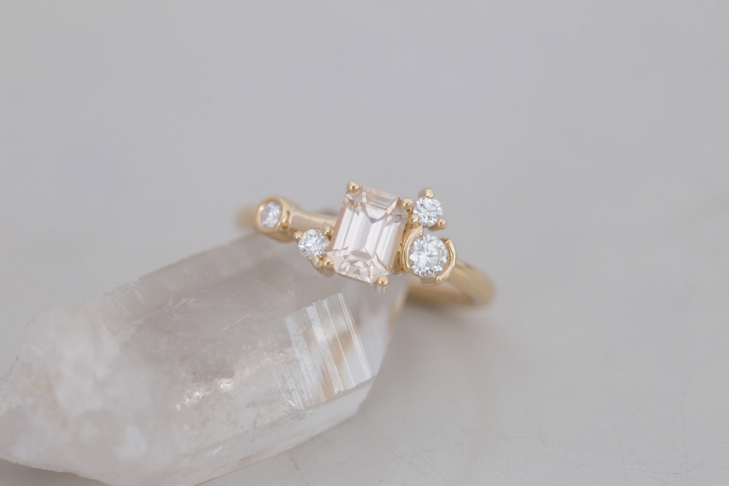 Mae Ring | Emerald Cut Apricot Sapphire + Diamond Cluster Ring 1.09 | 14k Recycled Gold | One of a Kind