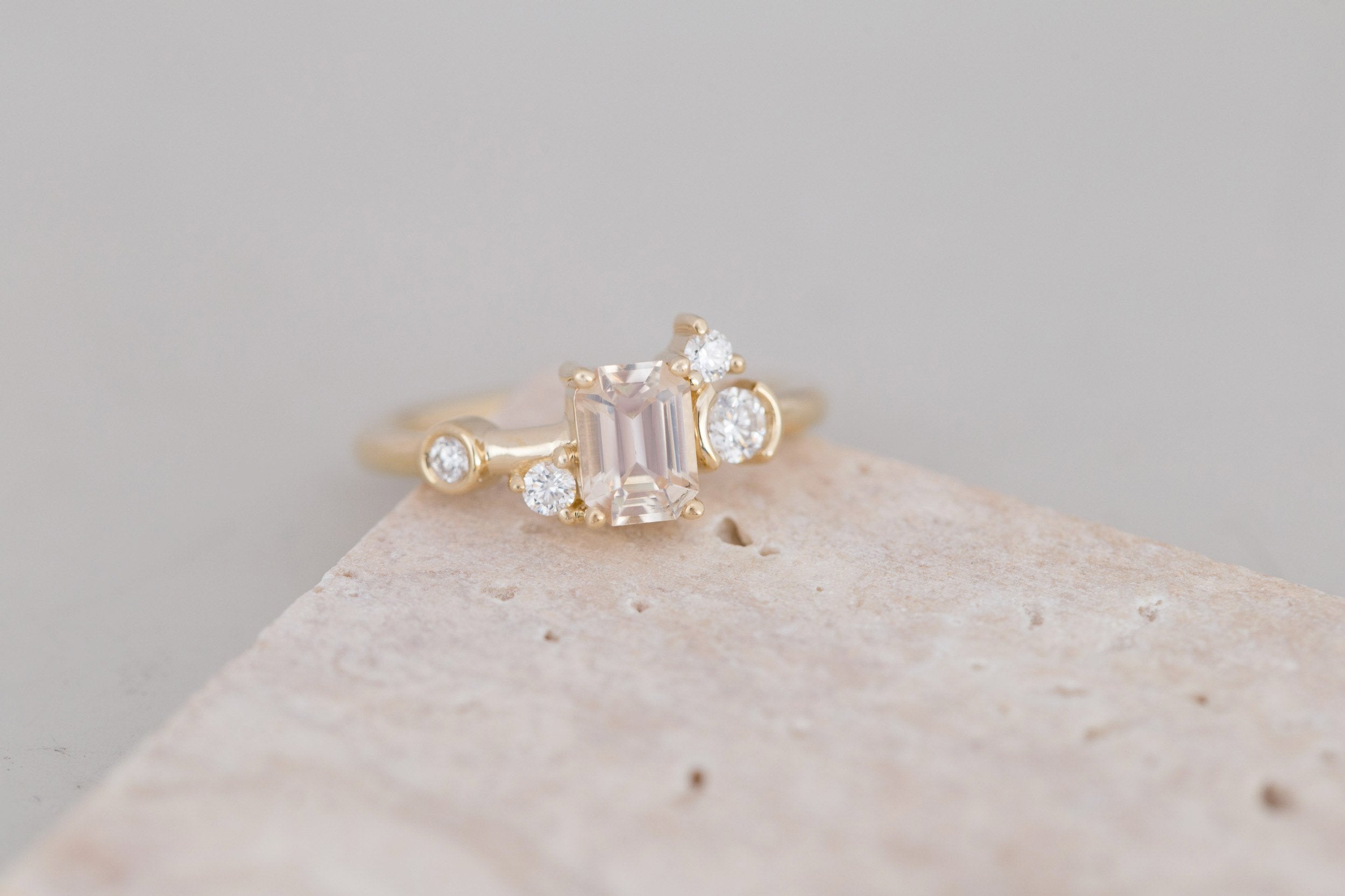 Mae Ring | Emerald Cut Apricot Sapphire + Diamond Cluster Ring 1.09 | 14k Recycled Gold | One of a Kind