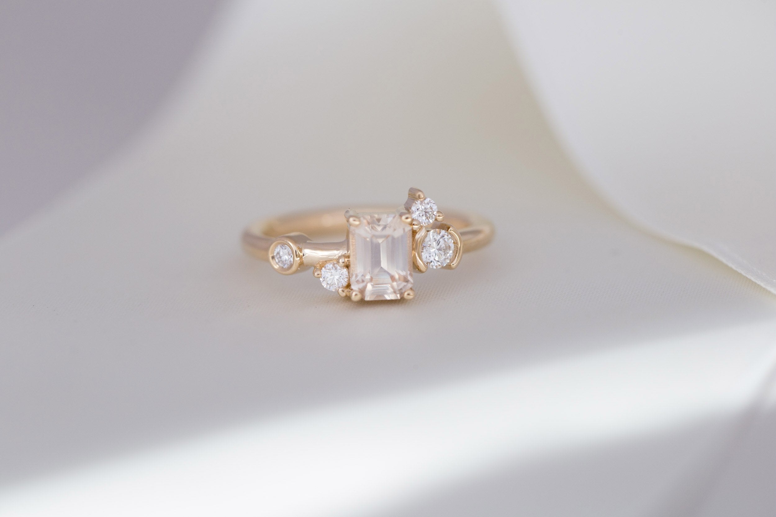 Mae Ring | Emerald Cut Apricot Sapphire + Diamond Cluster Ring 1.09 | 14k Recycled Gold | One of a Kind