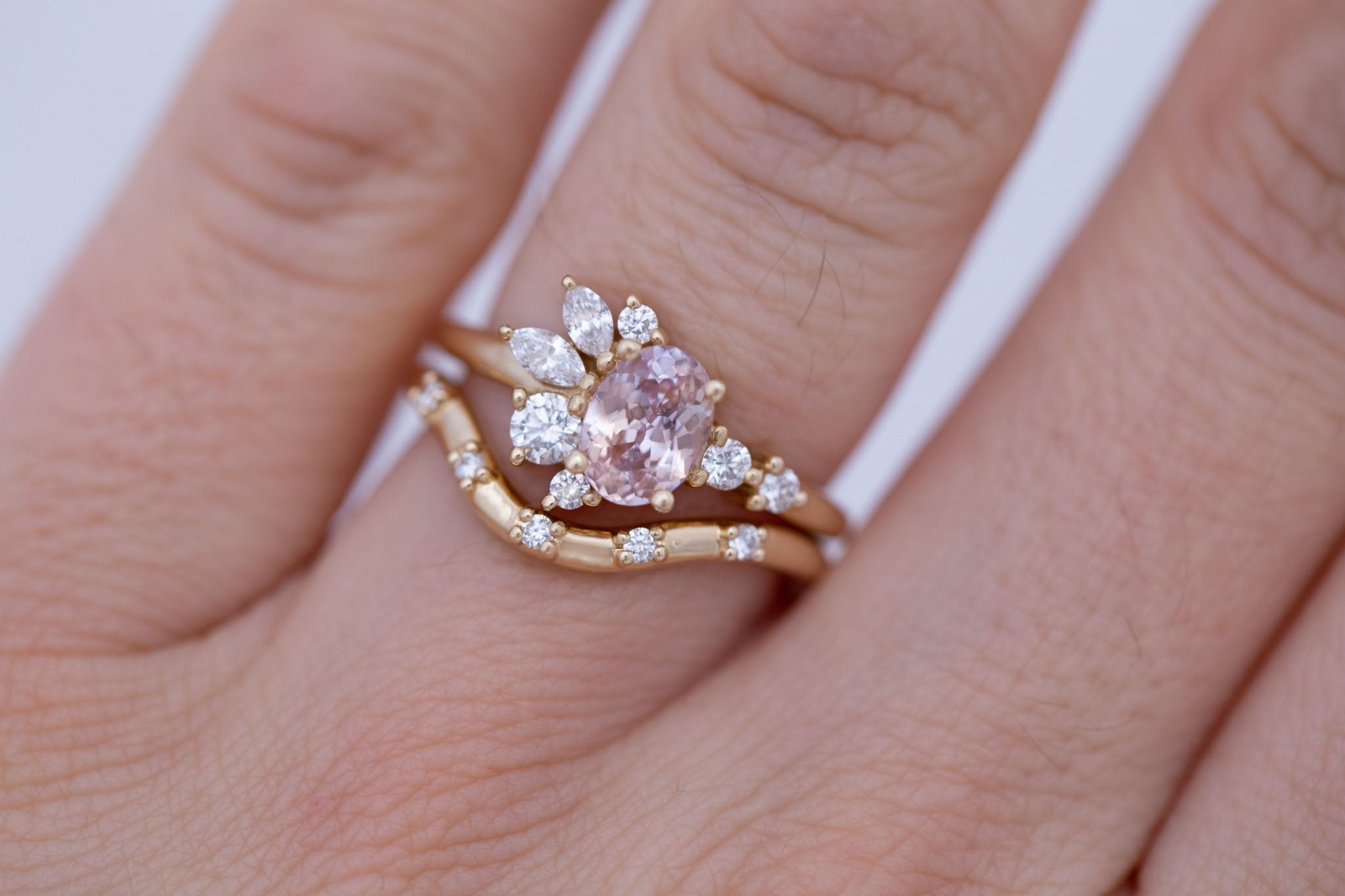 Ambretta Ring | Icy Bicolor Oval Sapphire + Diamond Cluster Engagement Ring 1.09 ct | 14k Recycled Gold | One of a Kind