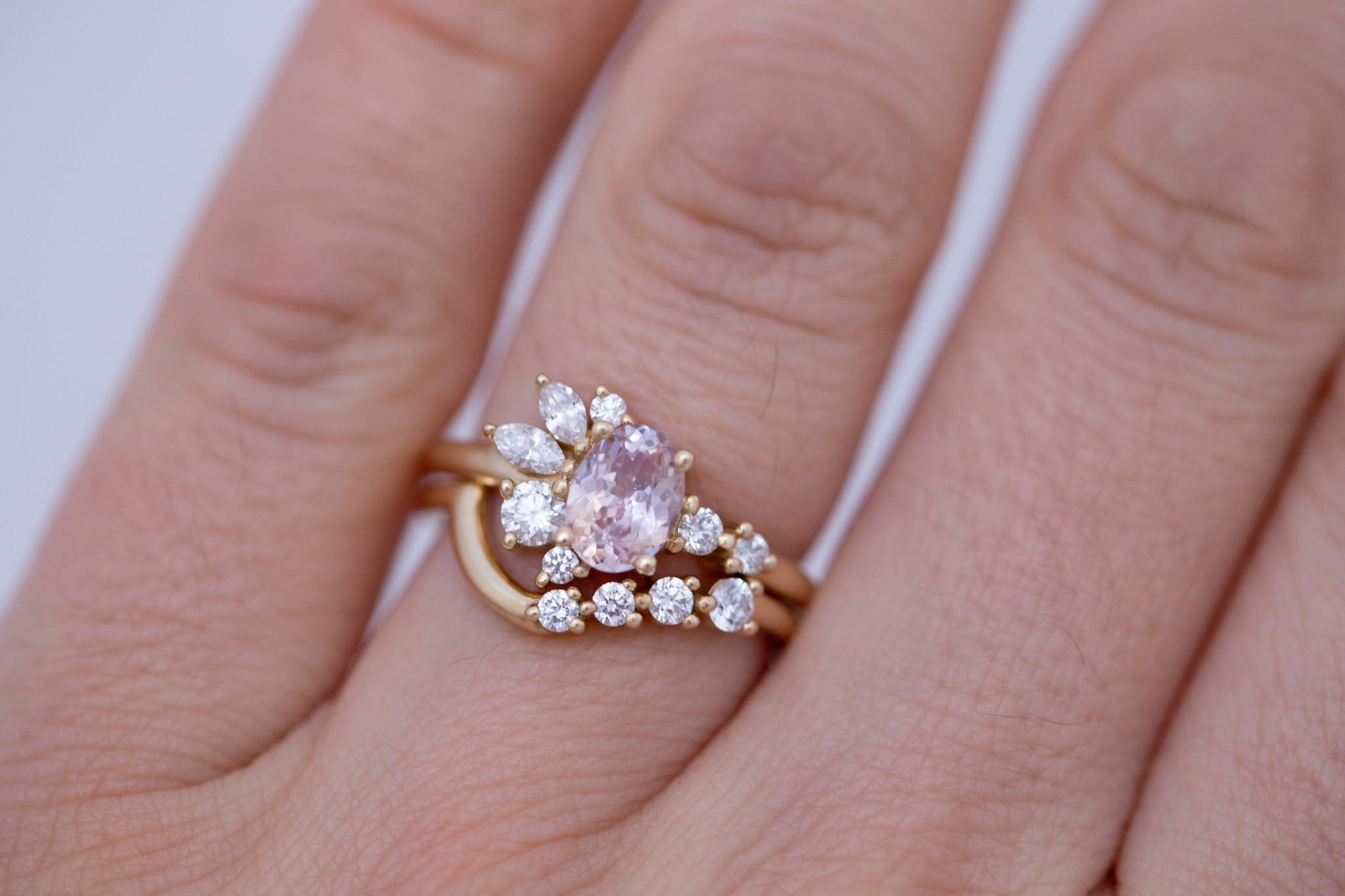 Ambretta Ring | Icy Bicolor Oval Sapphire + Diamond Cluster Engagement Ring 1.09 ct | 14k Recycled Gold | One of a Kind