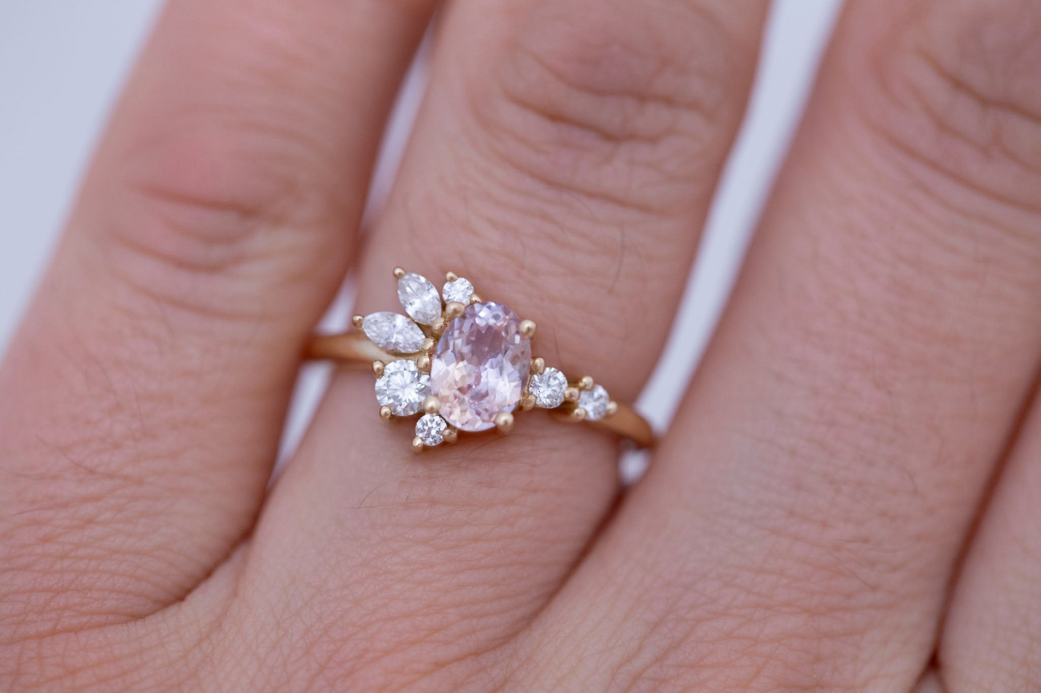 Ambretta Ring | Icy Bicolor Oval Sapphire + Diamond Cluster Engagement Ring 1.09 ct | 14k Recycled Gold | One of a Kind