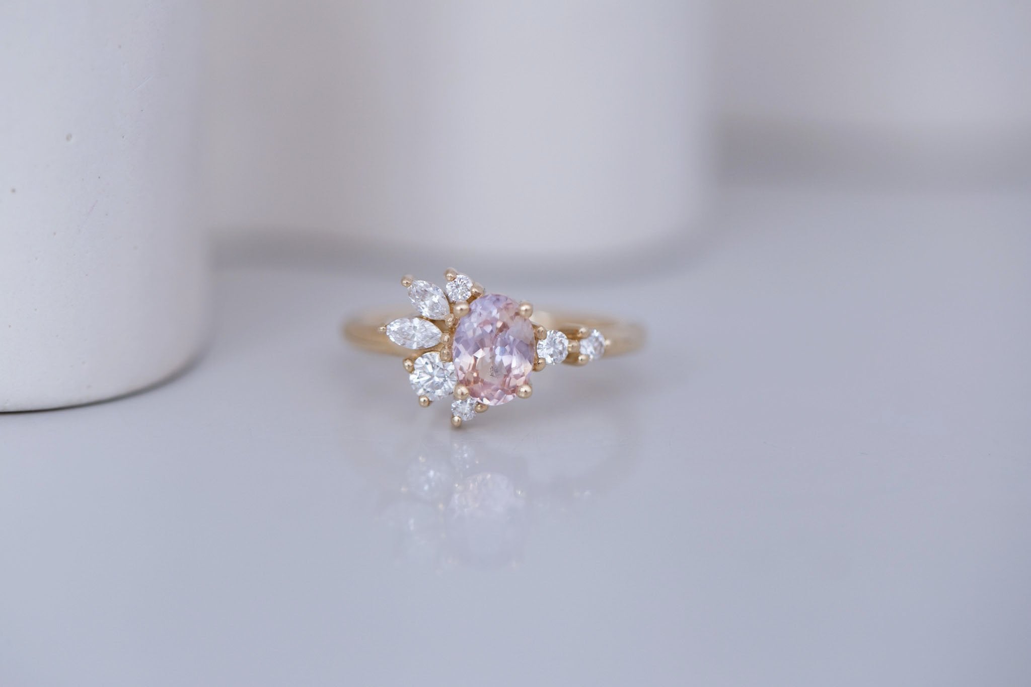 Ambretta Ring | Icy Bicolor Oval Sapphire + Diamond Cluster Engagement Ring 1.09 ct | 14k Recycled Gold | One of a Kind