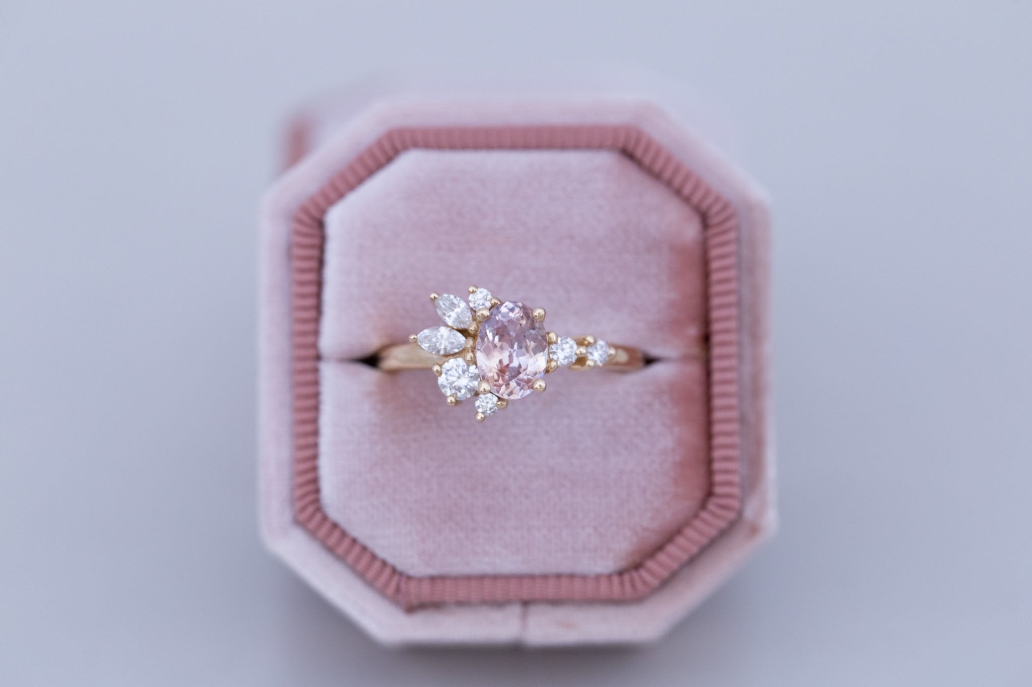 Ambretta Ring | Icy Bicolor Oval Sapphire + Diamond Cluster Engagement Ring 1.09 ct | 14k Recycled Gold | One of a Kind