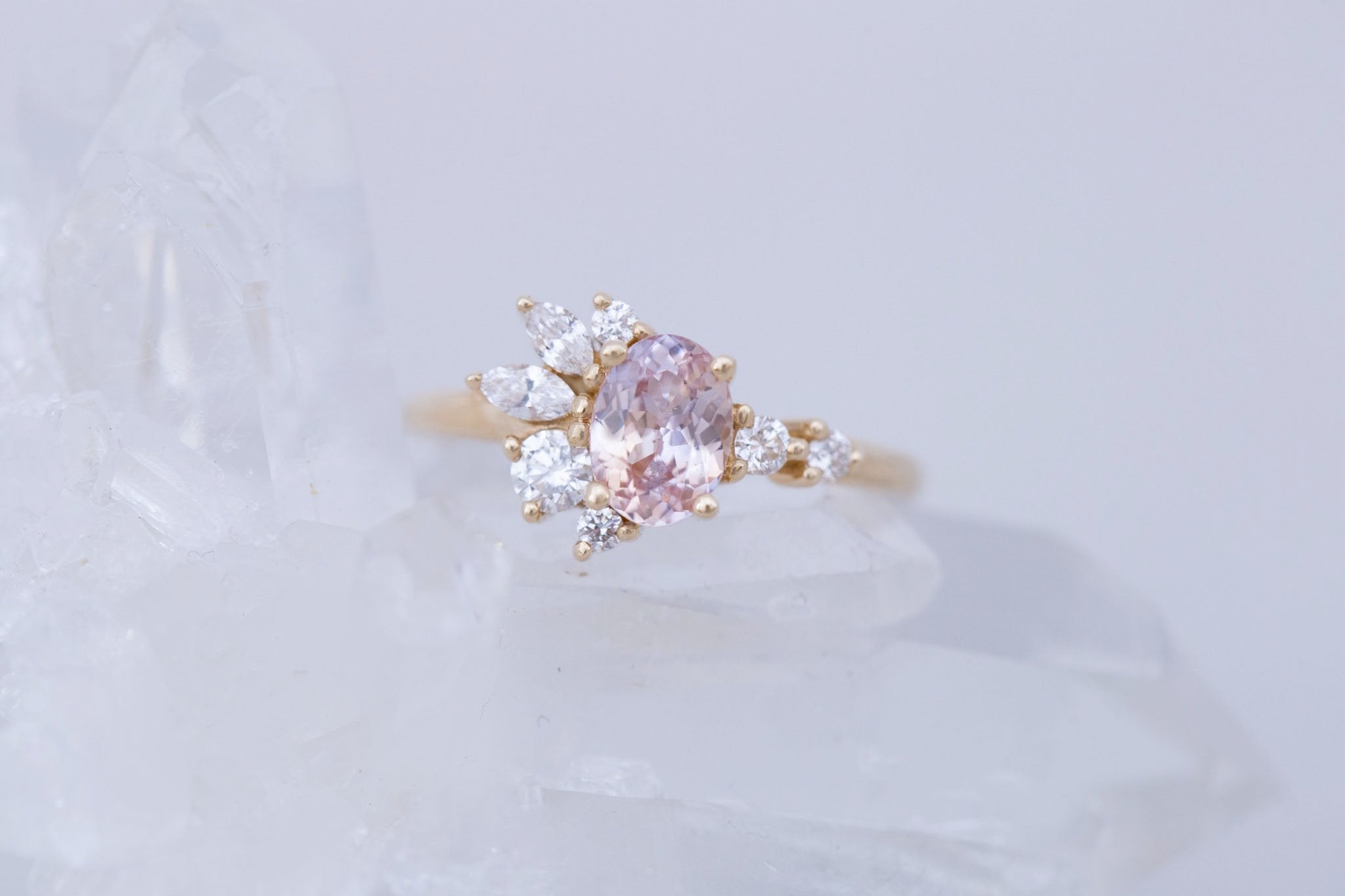 Ambretta Ring | Icy Bicolor Oval Sapphire + Diamond Cluster Engagement Ring 1.09 ct | 14k Recycled Gold | One of a Kind