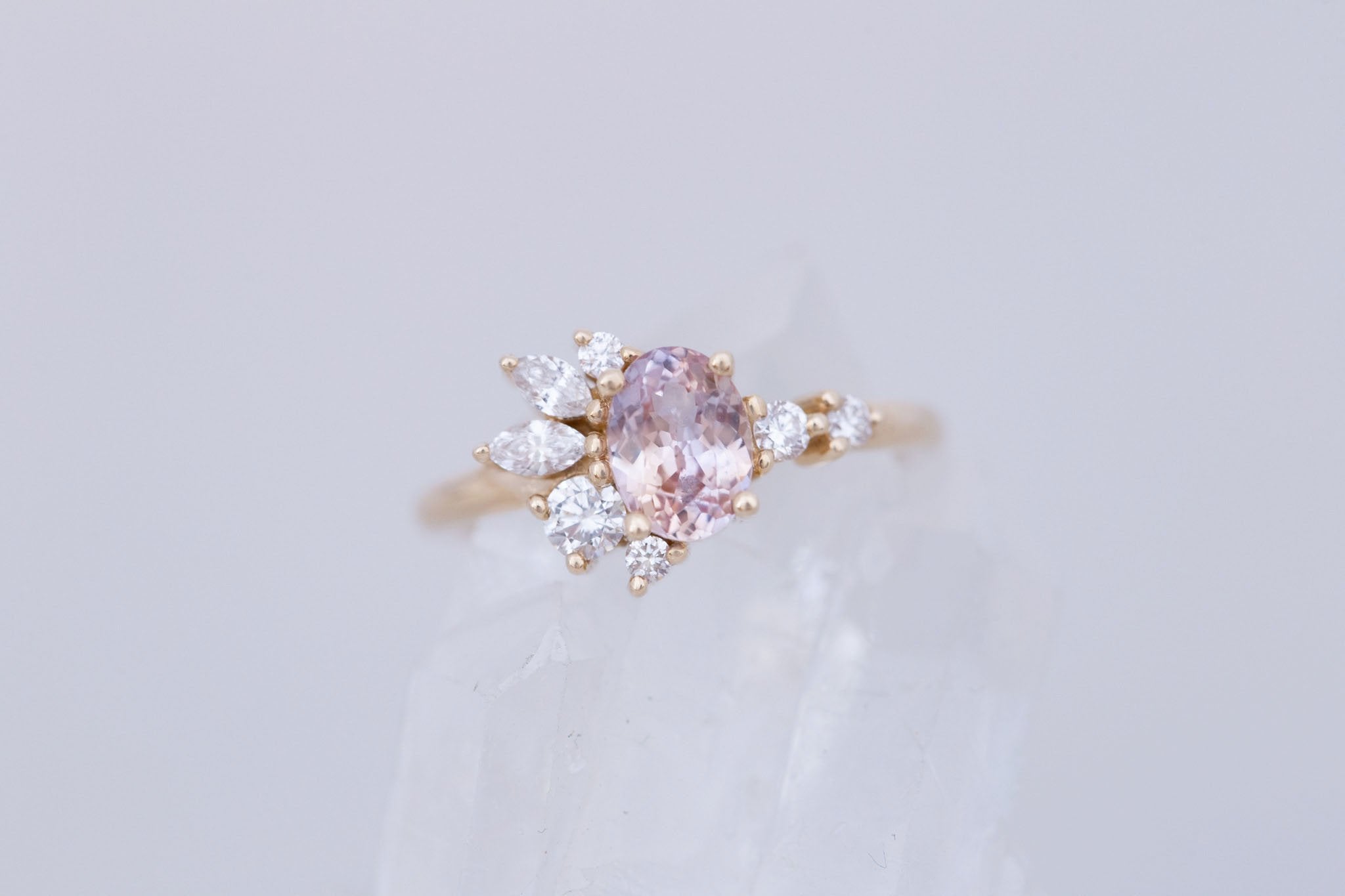 Ambretta Ring | Icy Bicolor Oval Sapphire + Diamond Cluster Engagement Ring 1.09 ct | 14k Recycled Gold | One of a Kind