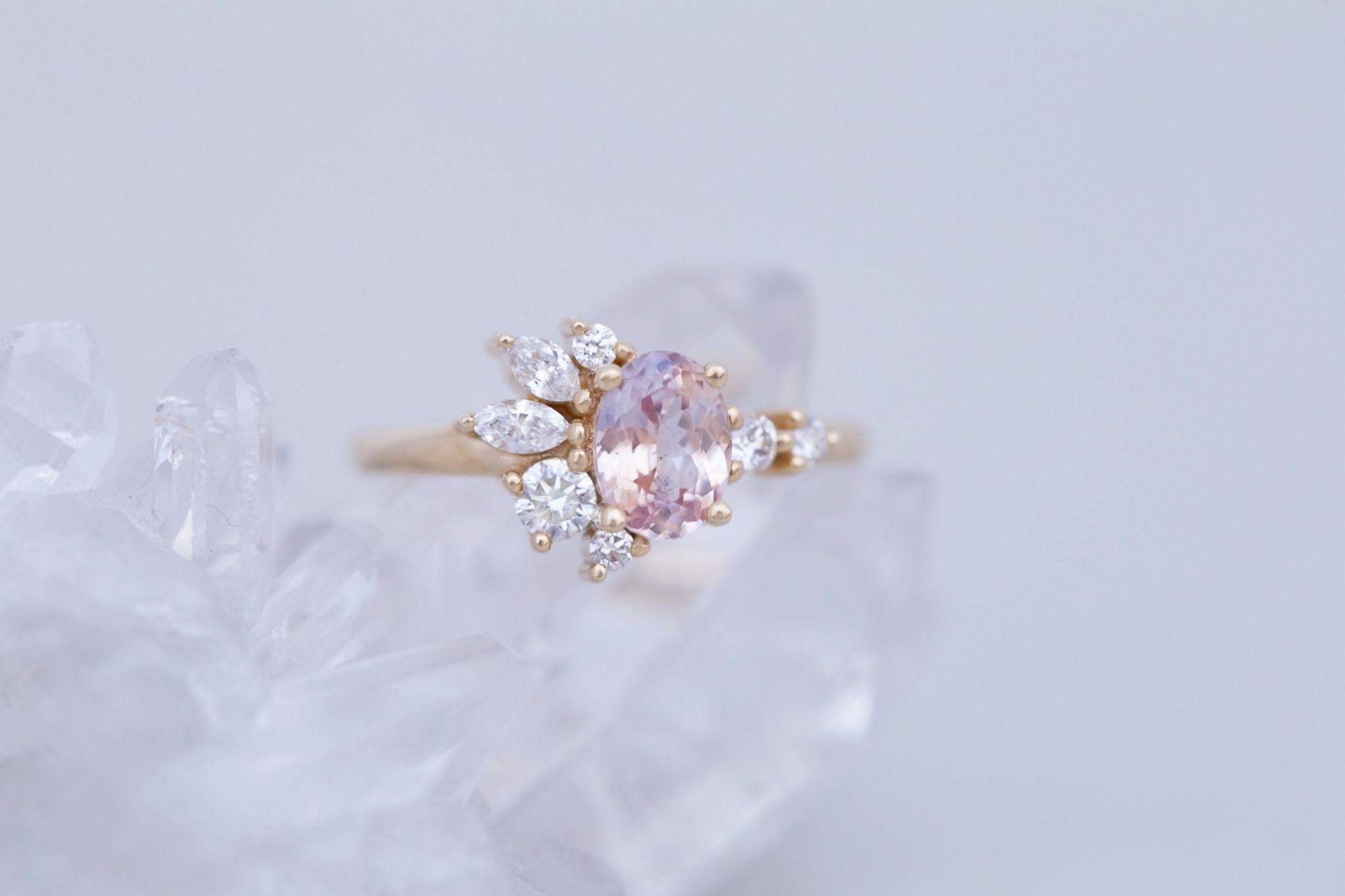 Ambretta Ring | Icy Bicolor Oval Sapphire + Diamond Cluster Engagement Ring 1.09 ct | 14k Recycled Gold | One of a Kind