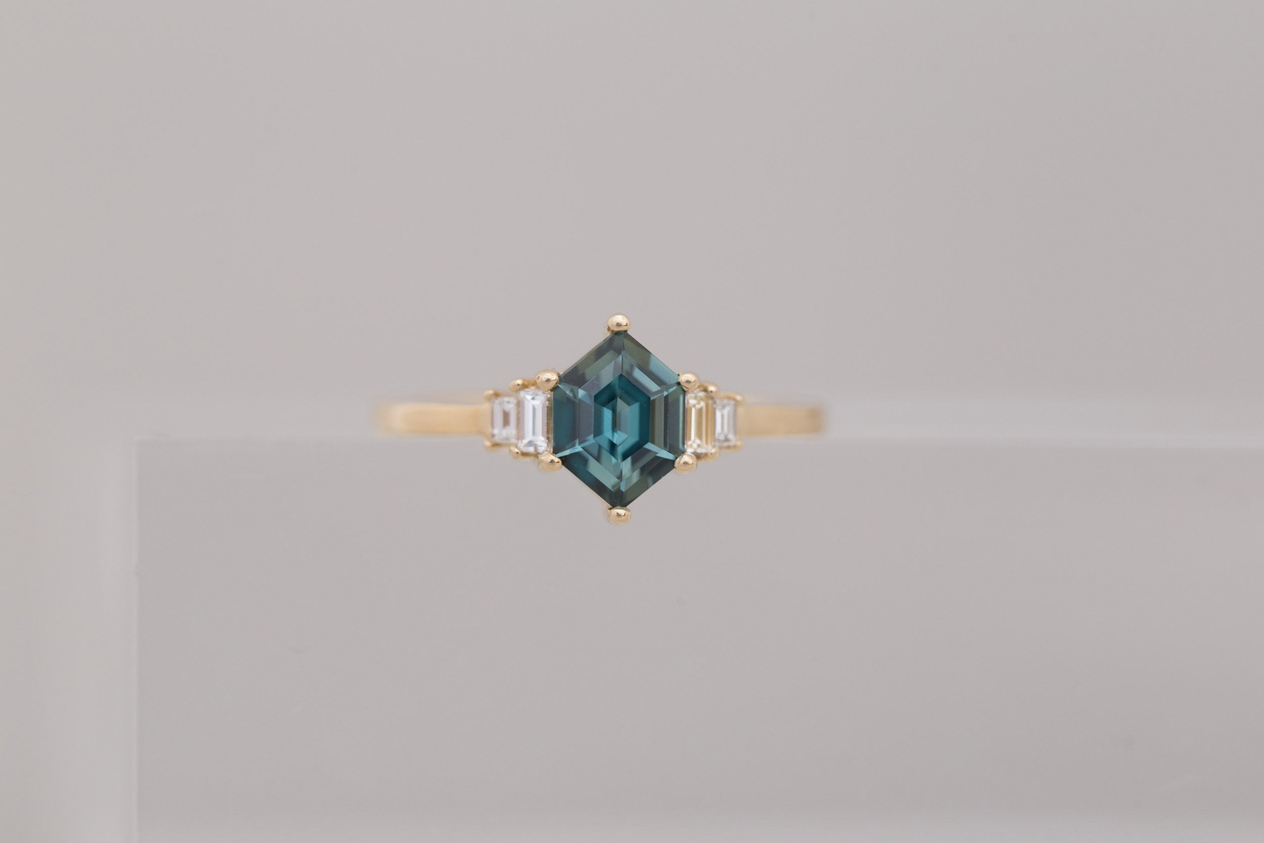 Ash Ring | Teal Hexagonal Sapphire + Diamond Baguette Engagement Ring 1.09 ct | 14k Recycled Gold | One of a Kind