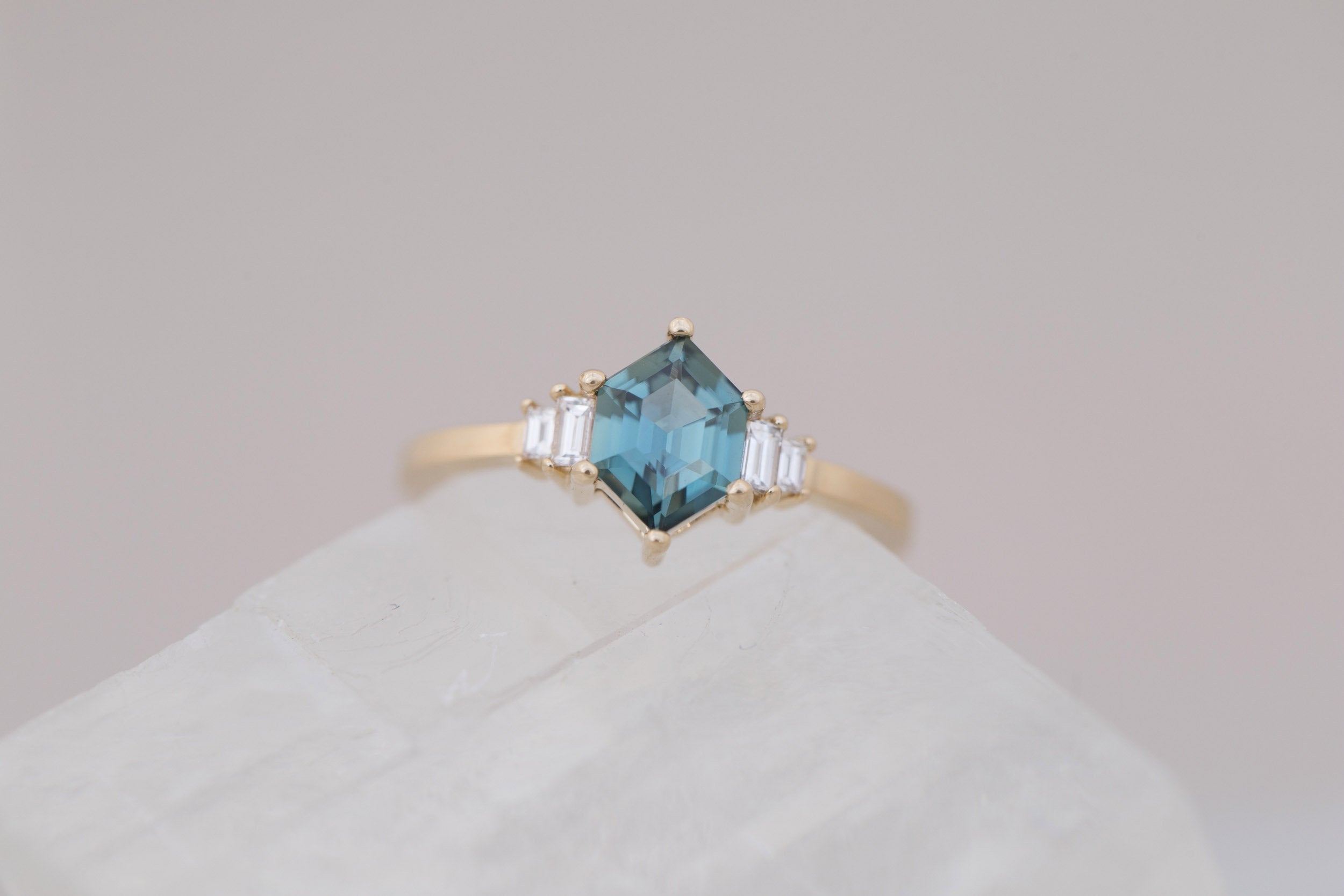 Ash Ring | Teal Hexagonal Sapphire + Diamond Baguette Engagement Ring 1.09 ct | 14k Recycled Gold | One of a Kind