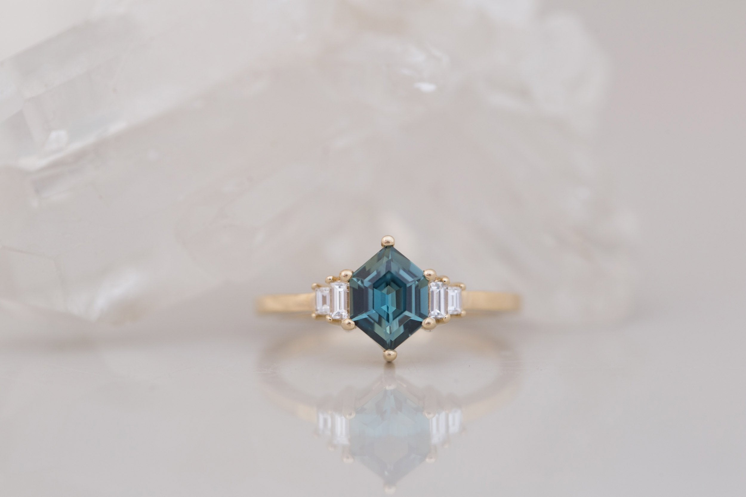Ash Ring | Teal Hexagonal Sapphire + Diamond Baguette Engagement Ring 1.09 ct | 14k Recycled Gold | One of a Kind