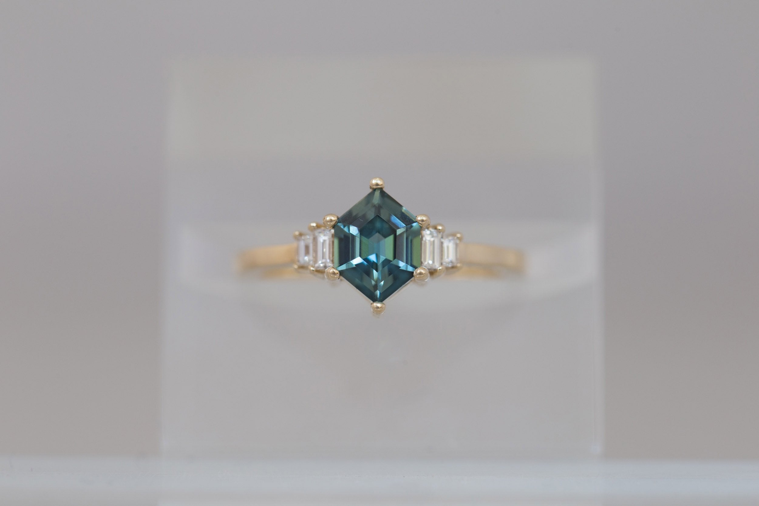 Ash Ring | Teal Hexagonal Sapphire + Diamond Baguette Engagement Ring 1.09 ct | 14k Recycled Gold | One of a Kind