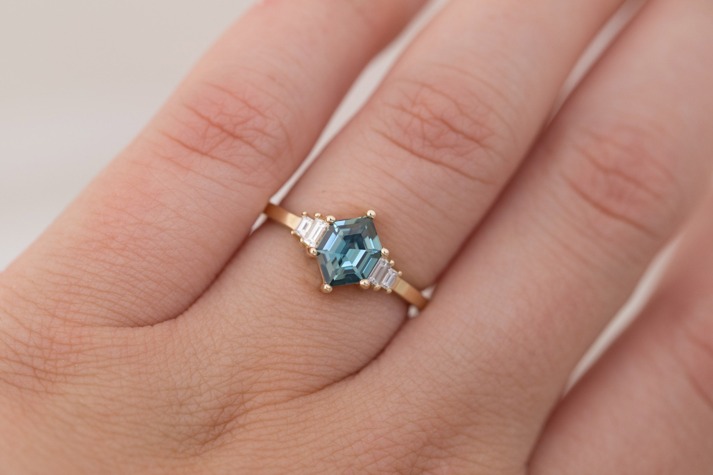 Ash Ring | Teal Hexagonal Sapphire + Diamond Baguette Engagement Ring 1.09 ct | 14k Recycled Gold | One of a Kind