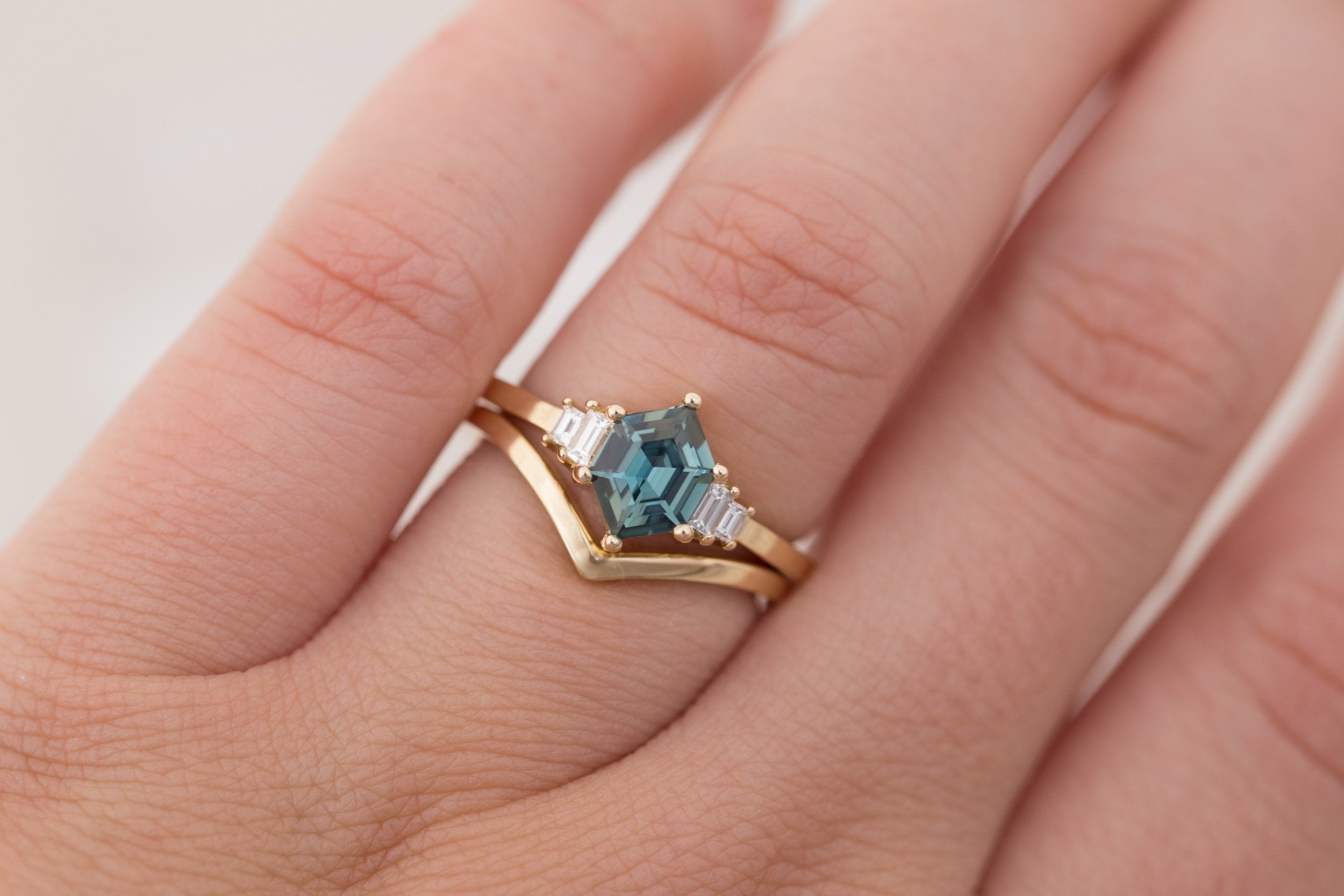 Ash Ring | Teal Hexagonal Sapphire + Diamond Baguette Engagement Ring 1.09 ct | 14k Recycled Gold | One of a Kind