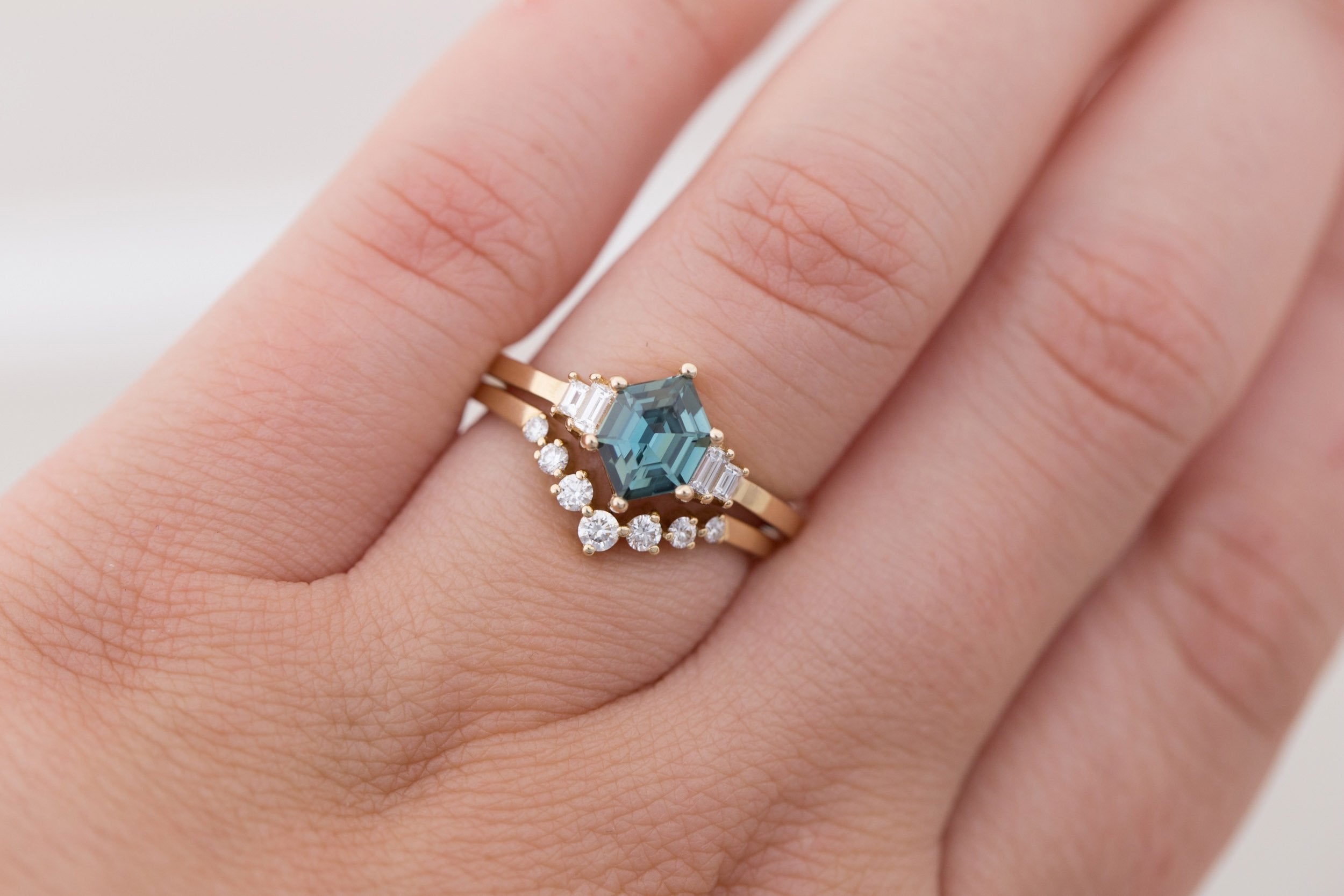 Ash Ring | Teal Hexagonal Sapphire + Diamond Baguette Engagement Ring 1.09 ct | 14k Recycled Gold | One of a Kind