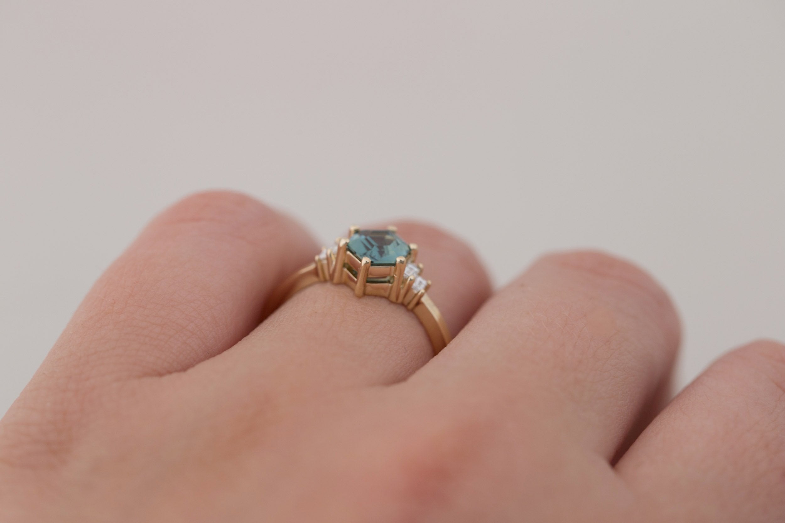 Ash Ring | Teal Hexagonal Sapphire + Diamond Baguette Engagement Ring 1.09 ct | 14k Recycled Gold | One of a Kind