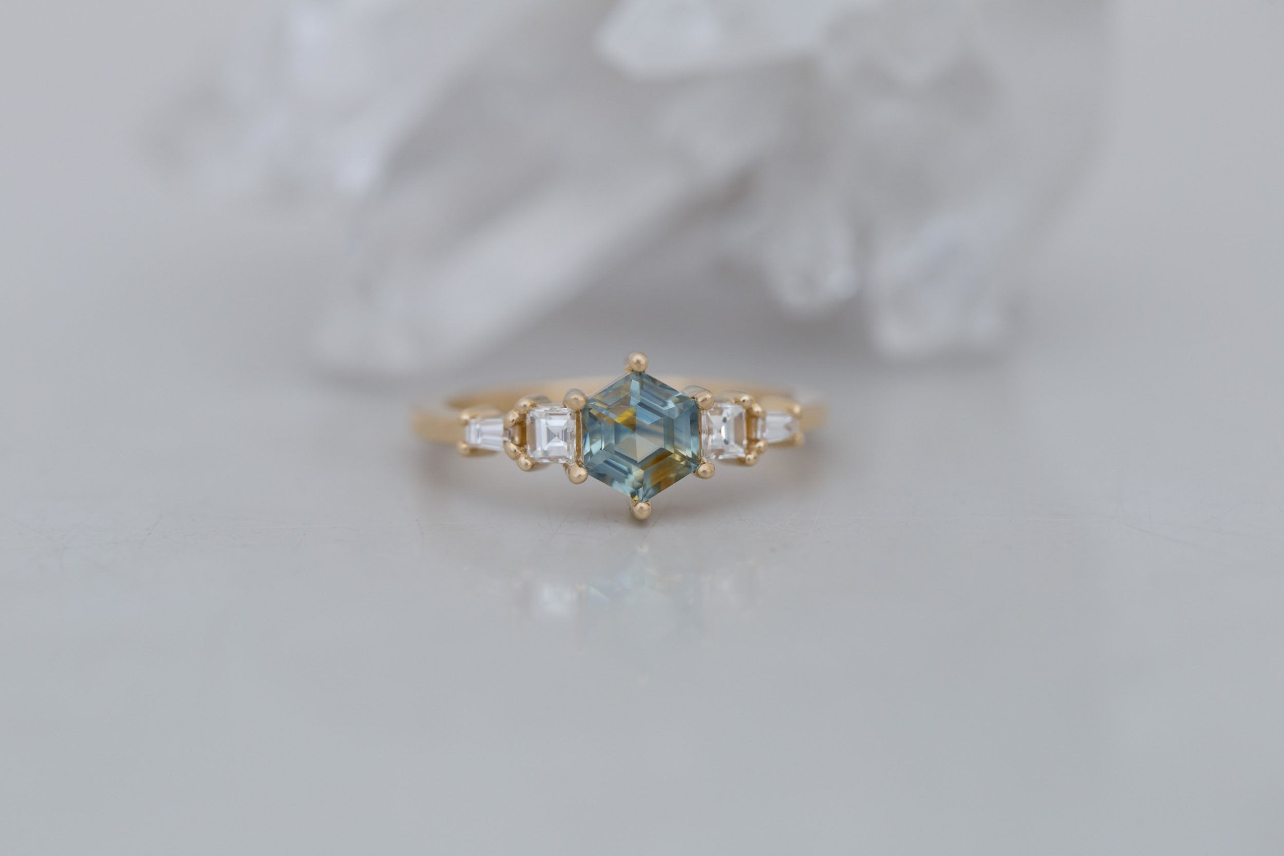 Mira Ring | Bicolor Montana Hexagon Sapphire + Diamond Step Cut Accent Engagement Ring 1.00 ct | 14k Recycled Gold | One of a Kind