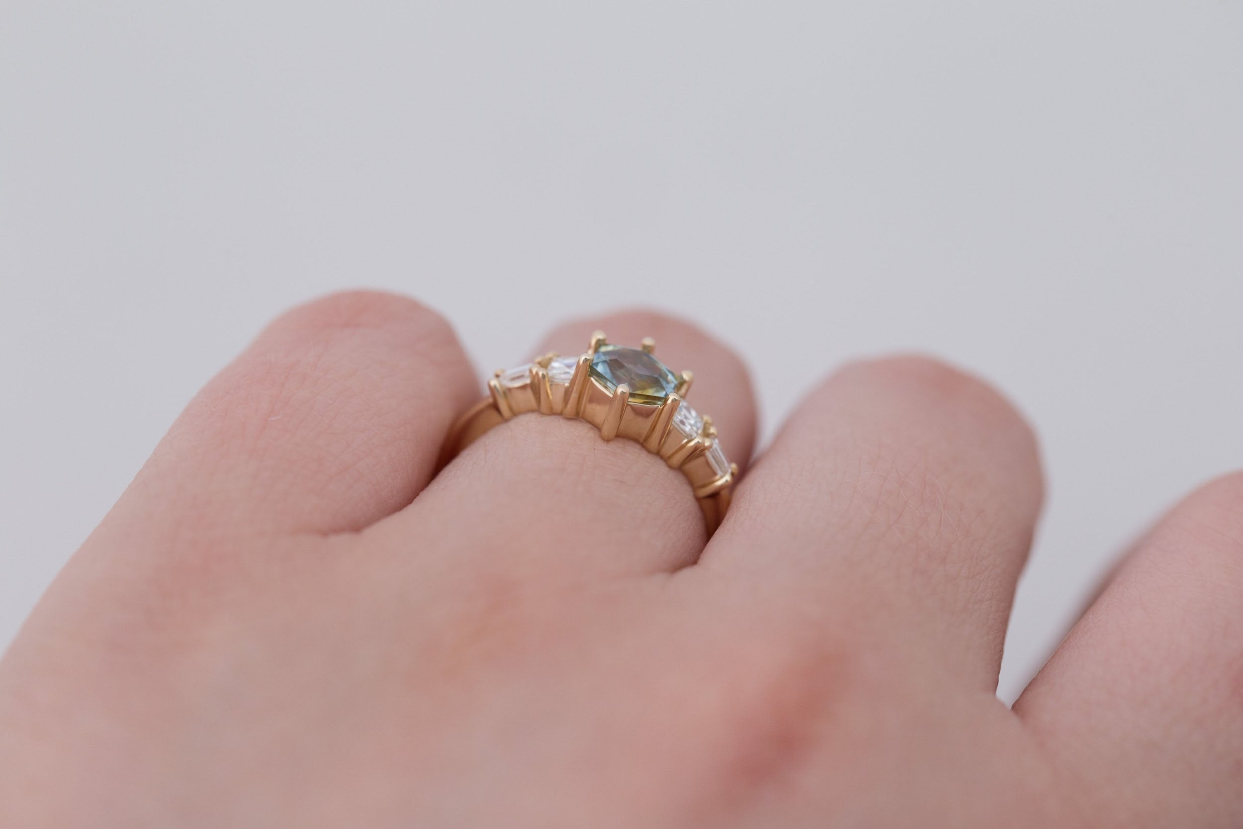 Mira Ring | Bicolor Montana Hexagon Sapphire + Diamond Step Cut Accent Engagement Ring 1.00 ct | 14k Recycled Gold | One of a Kind