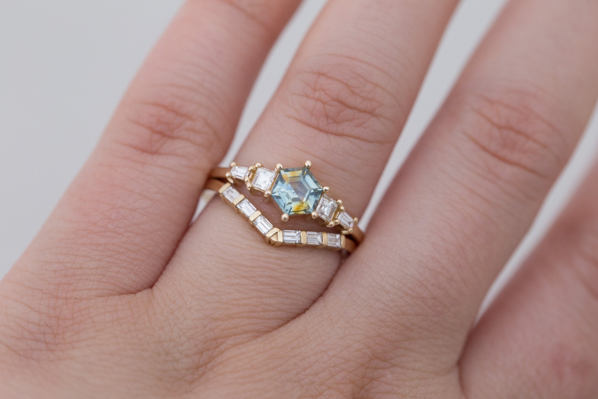 Mira Ring | Bicolor Montana Hexagon Sapphire + Diamond Step Cut Accent Engagement Ring 1.00 ct | 14k Recycled Gold | One of a Kind