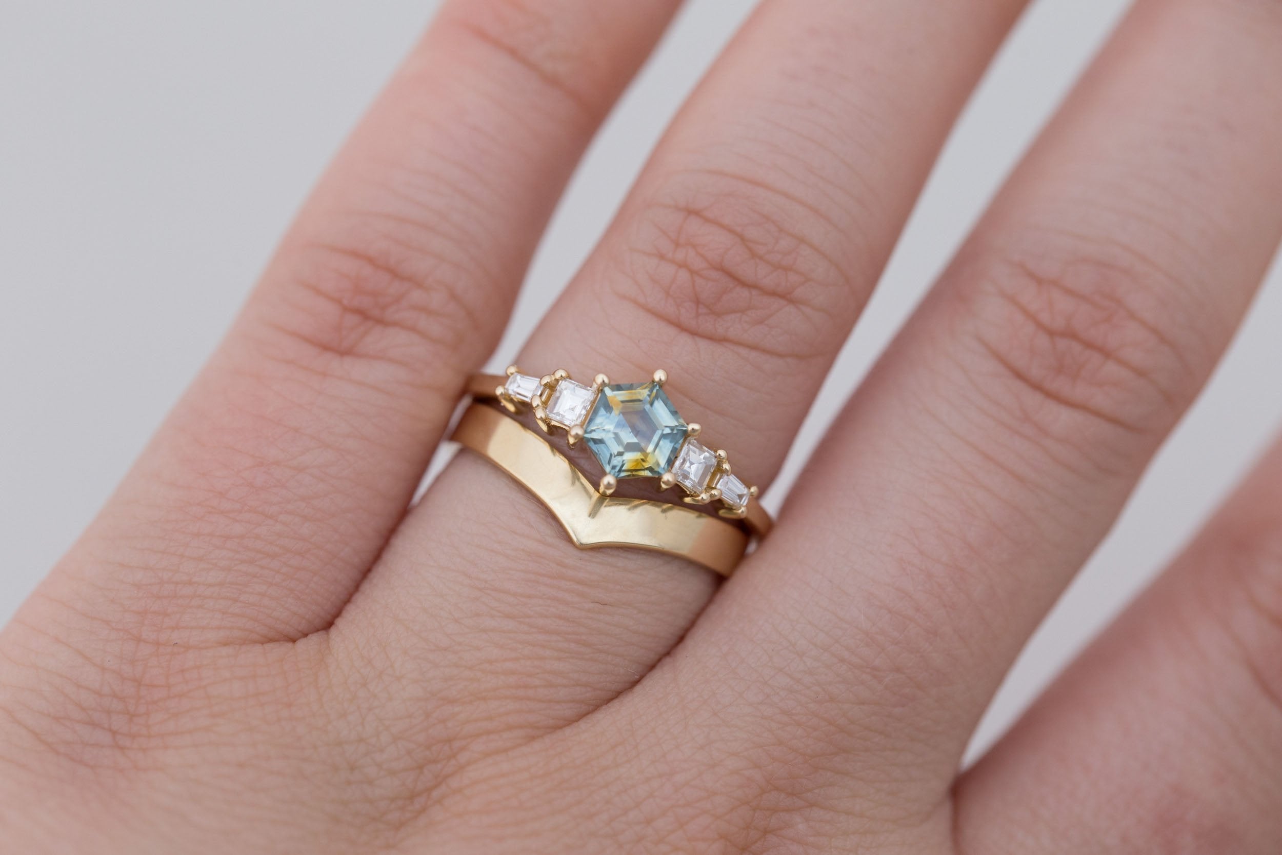 Mira Ring | Bicolor Montana Hexagon Sapphire + Diamond Step Cut Accent Engagement Ring 1.00 ct | 14k Recycled Gold | One of a Kind