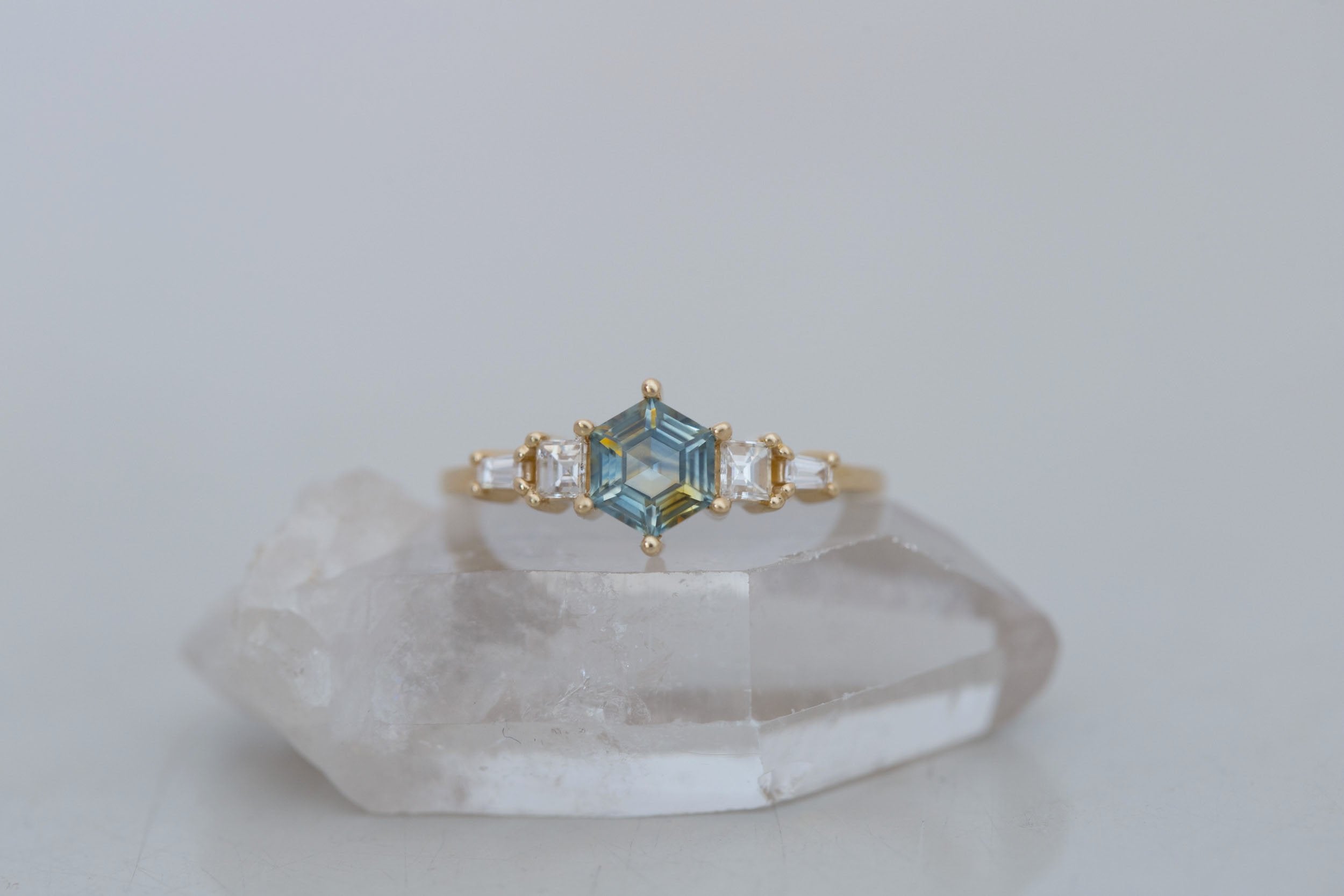 Mira Ring | Bicolor Montana Hexagon Sapphire + Diamond Step Cut Accent Engagement Ring 1.00 ct | 14k Recycled Gold | One of a Kind