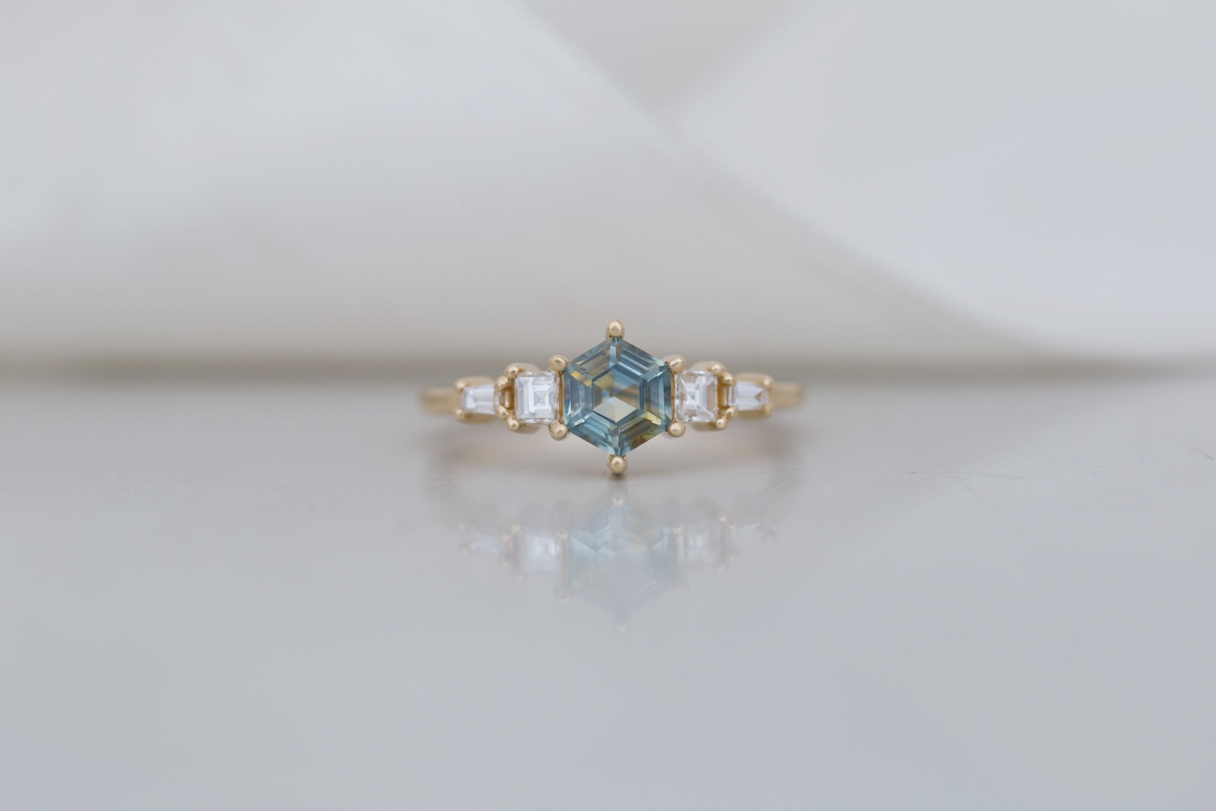 Mira Ring | Bicolor Montana Hexagon Sapphire + Diamond Step Cut Accent Engagement Ring 1.00 ct | 14k Recycled Gold | One of a Kind