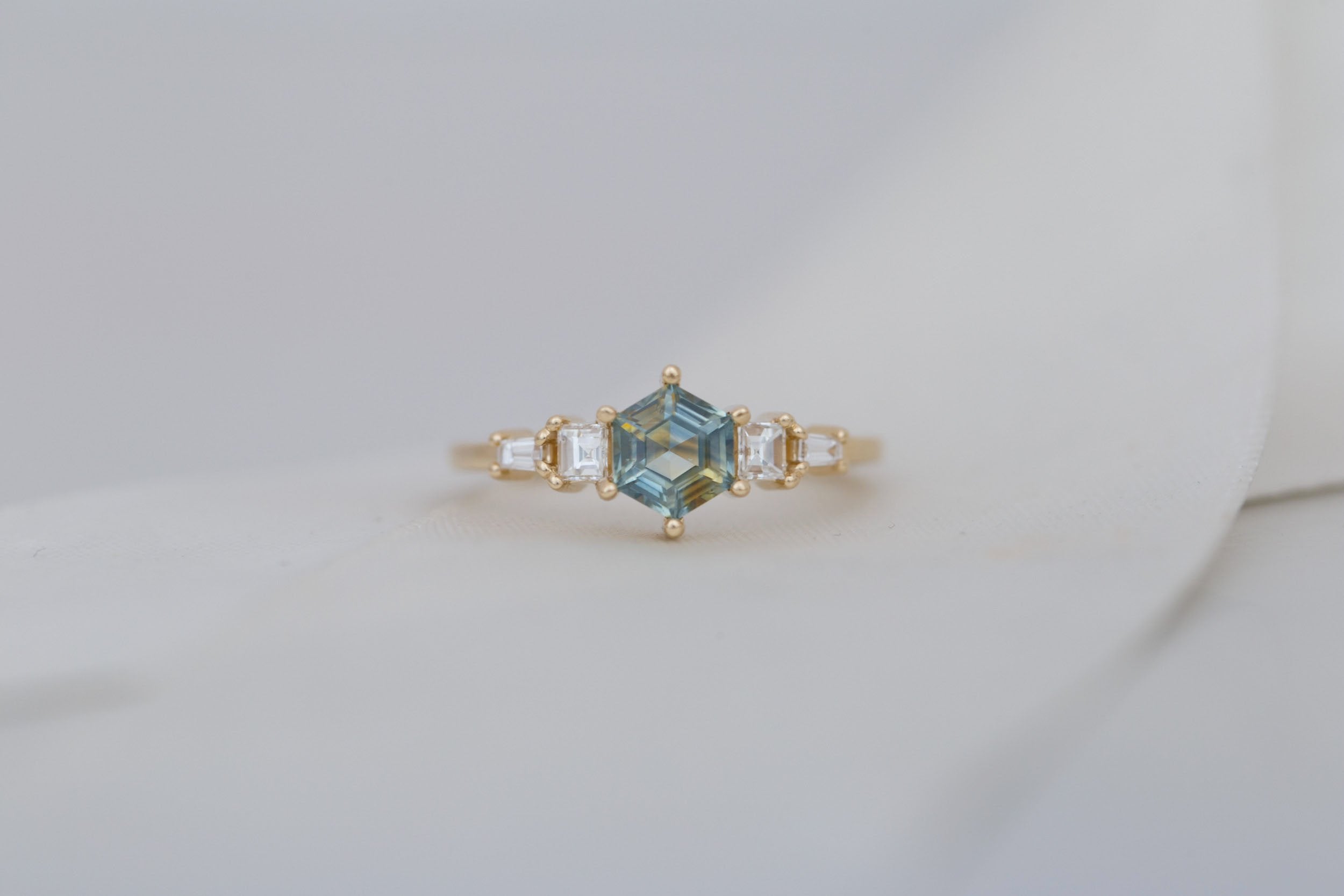 Mira Ring | Bicolor Montana Hexagon Sapphire + Diamond Step Cut Accent Engagement Ring 1.00 ct | 14k Recycled Gold | One of a Kind