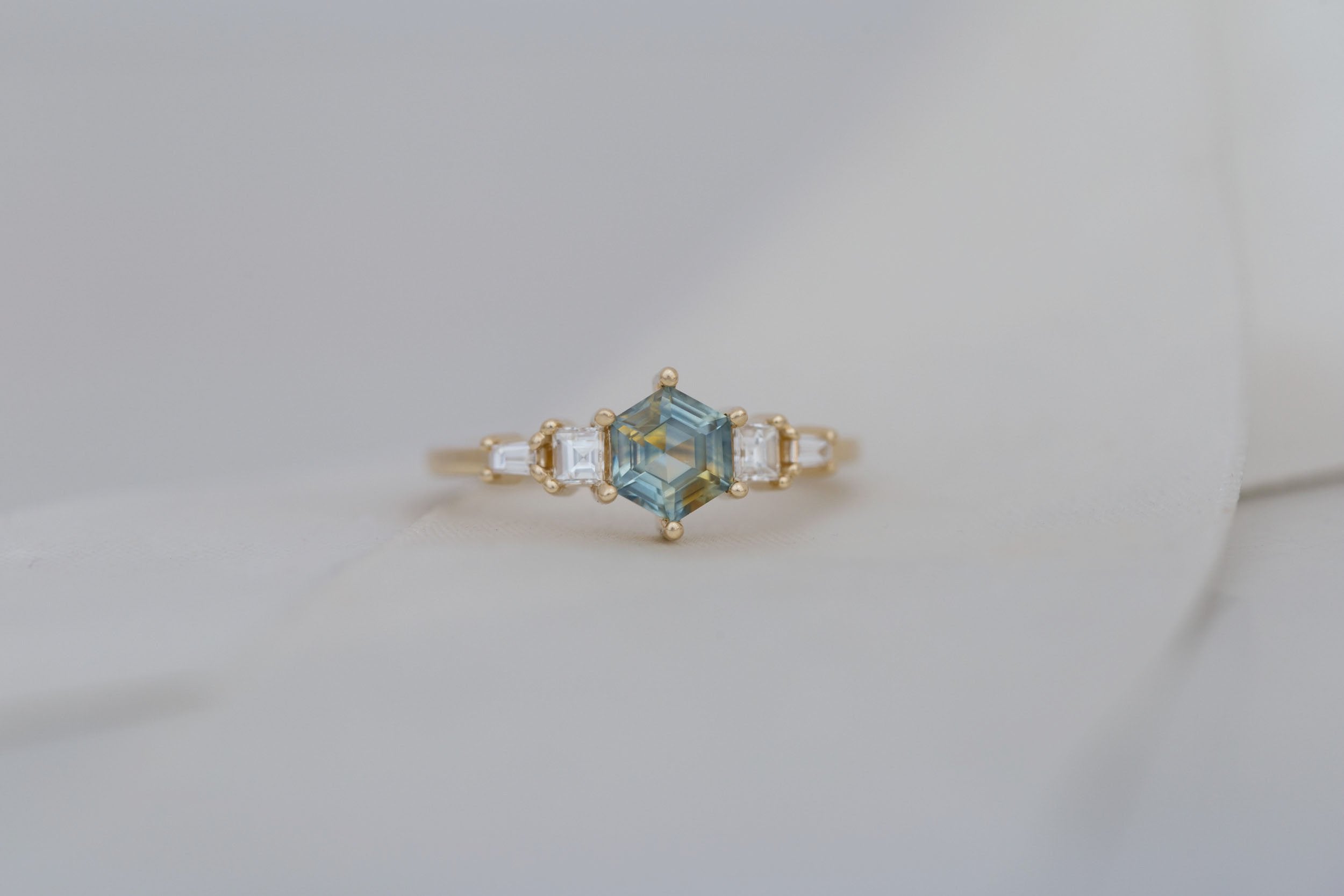 Mira Ring | Bicolor Montana Hexagon Sapphire + Diamond Step Cut Accent Engagement Ring 1.00 ct | 14k Recycled Gold | One of a Kind