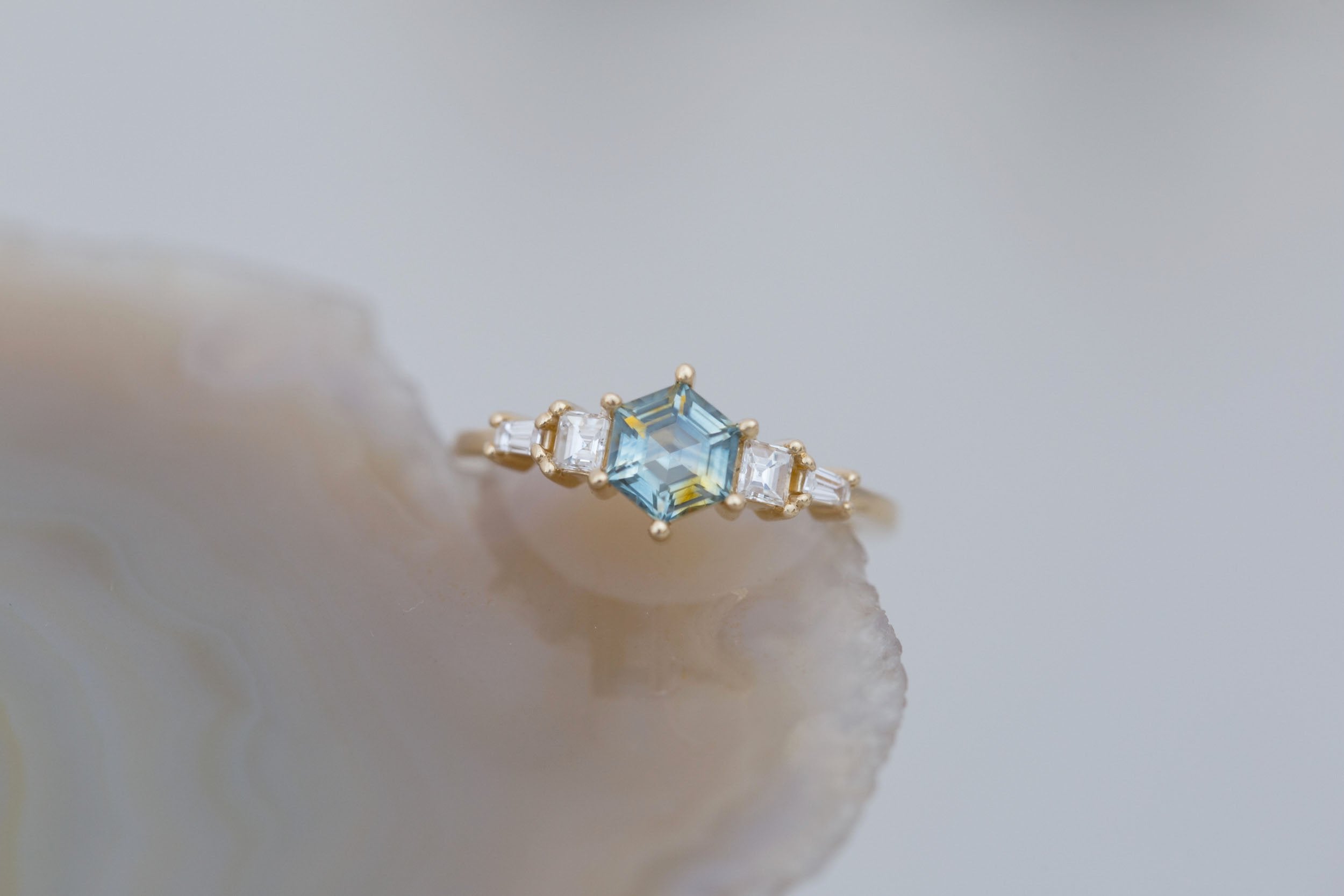 Mira Ring | Bicolor Montana Hexagon Sapphire + Diamond Step Cut Accent Engagement Ring 1.00 ct | 14k Recycled Gold | One of a Kind