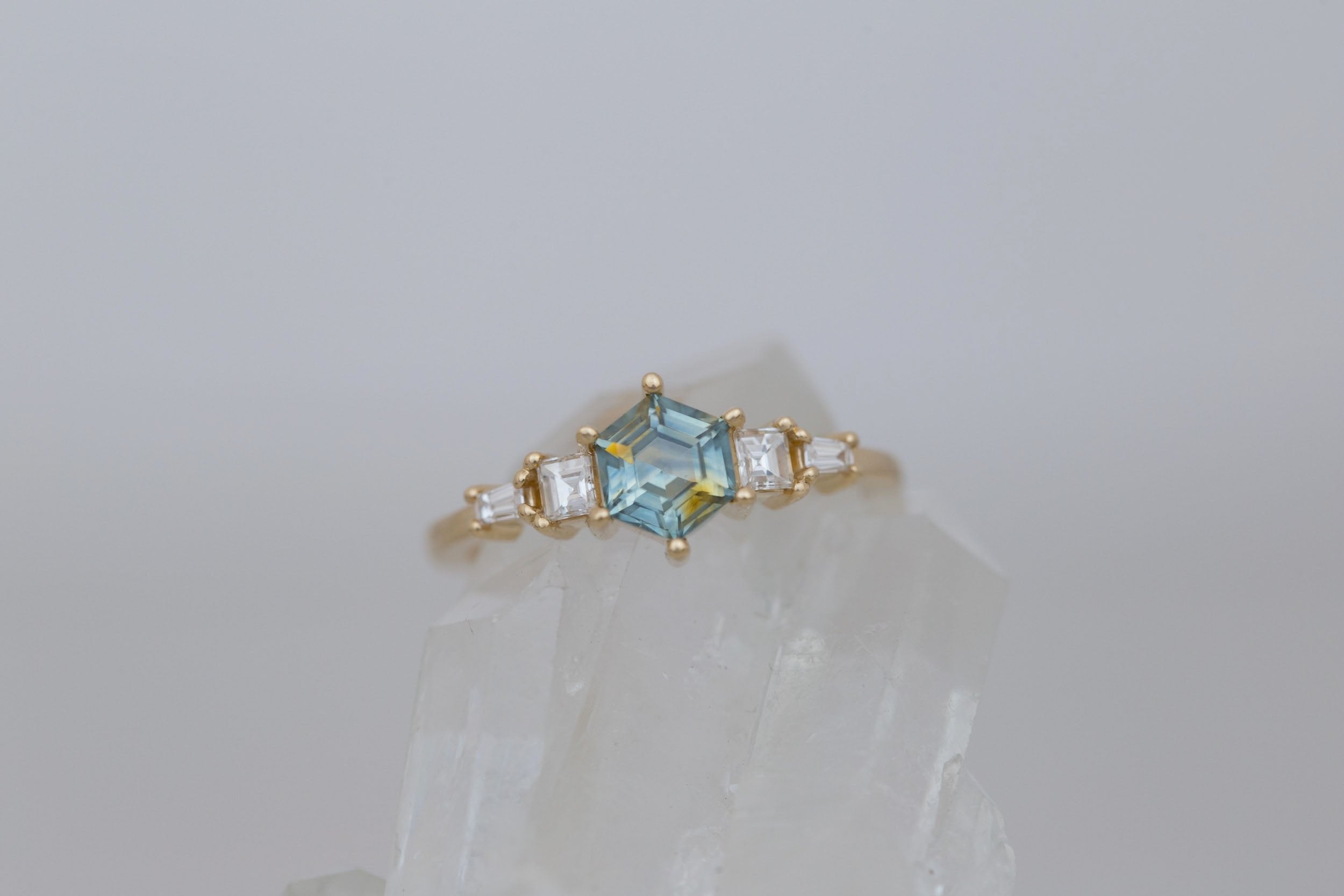 Mira Ring | Bicolor Montana Hexagon Sapphire + Diamond Step Cut Accent Engagement Ring 1.00 ct | 14k Recycled Gold | One of a Kind
