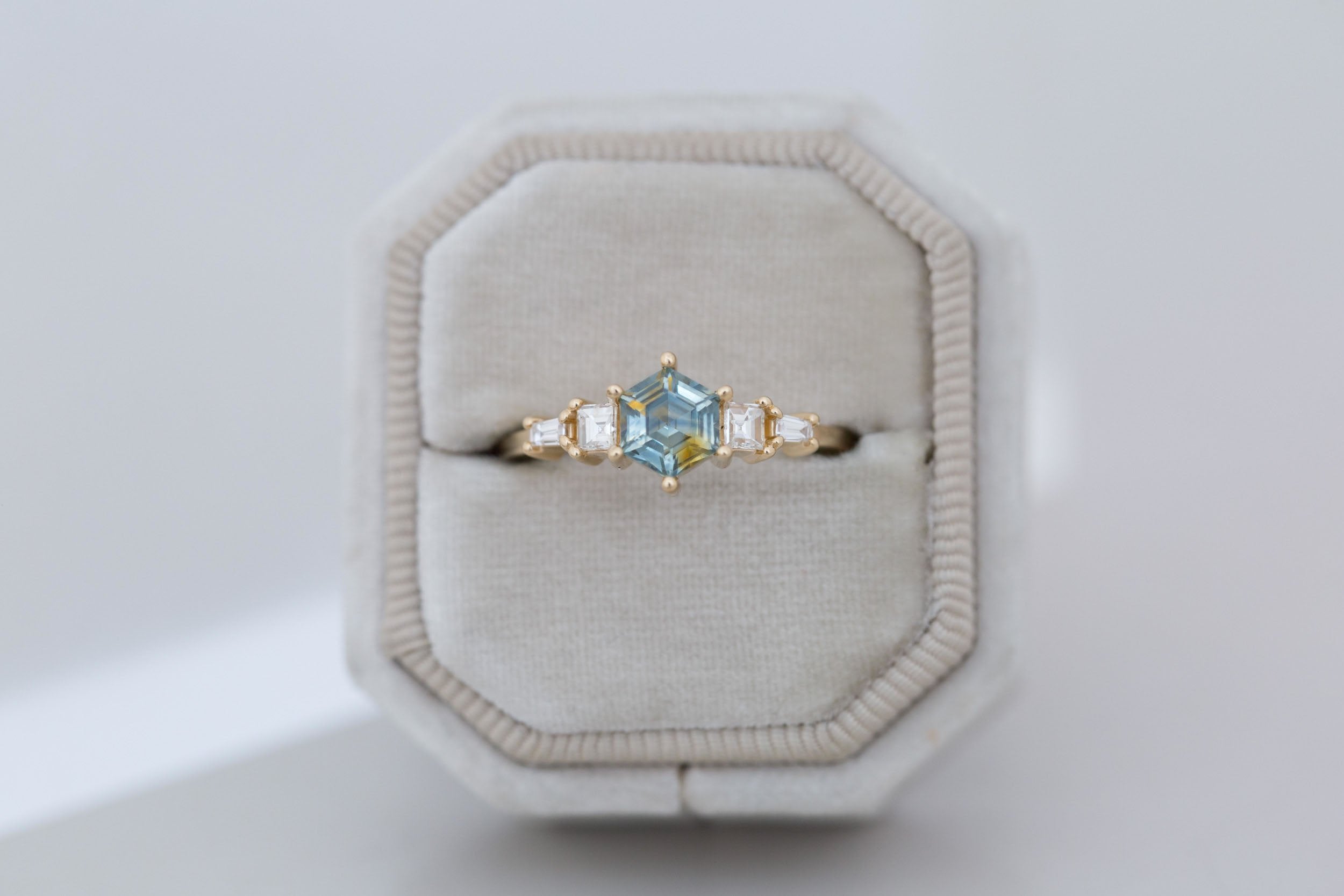 Mira Ring | Bicolor Montana Hexagon Sapphire + Diamond Step Cut Accent Engagement Ring 1.00 ct | 14k Recycled Gold | One of a Kind