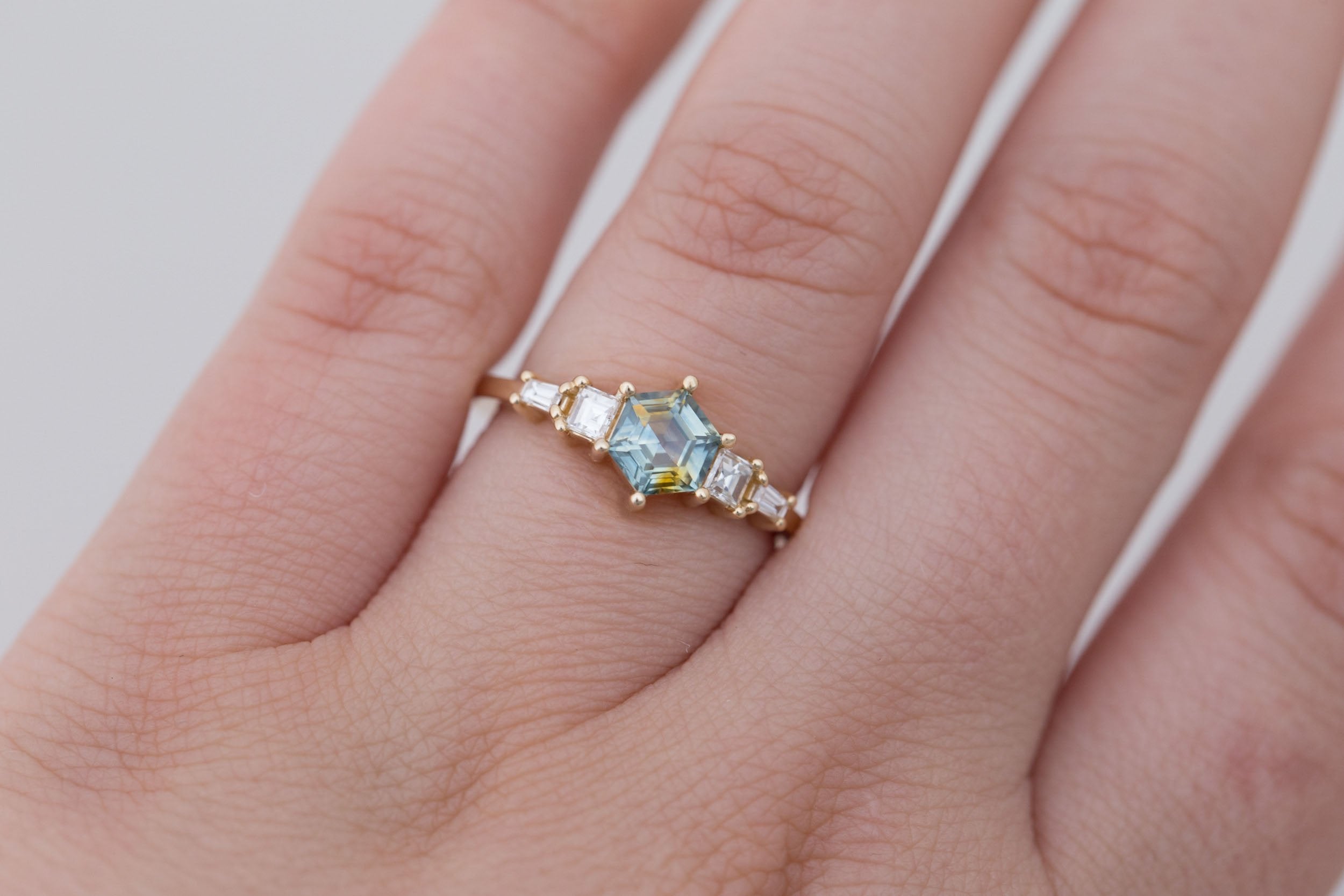Mira Ring | Bicolor Montana Hexagon Sapphire + Diamond Step Cut Accent Engagement Ring 1.00 ct | 14k Recycled Gold | One of a Kind
