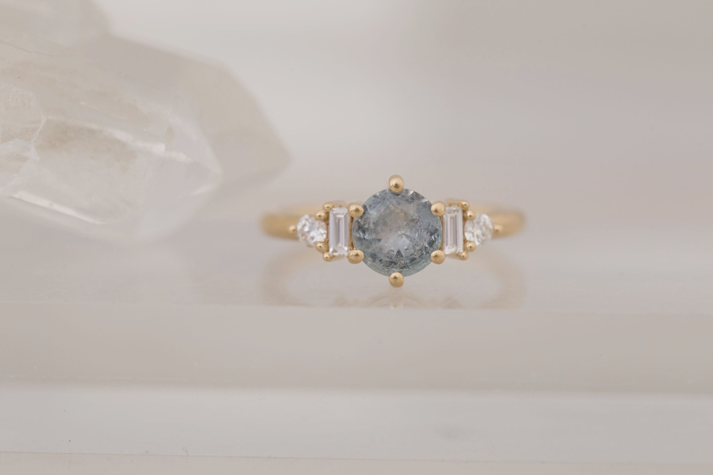 Alsea Ring | Grey Montana Sapphire + Baguette and Round Diamond Accent Engagement Ring 1.10 ct | 14k Recycled Gold | One of a Kind
