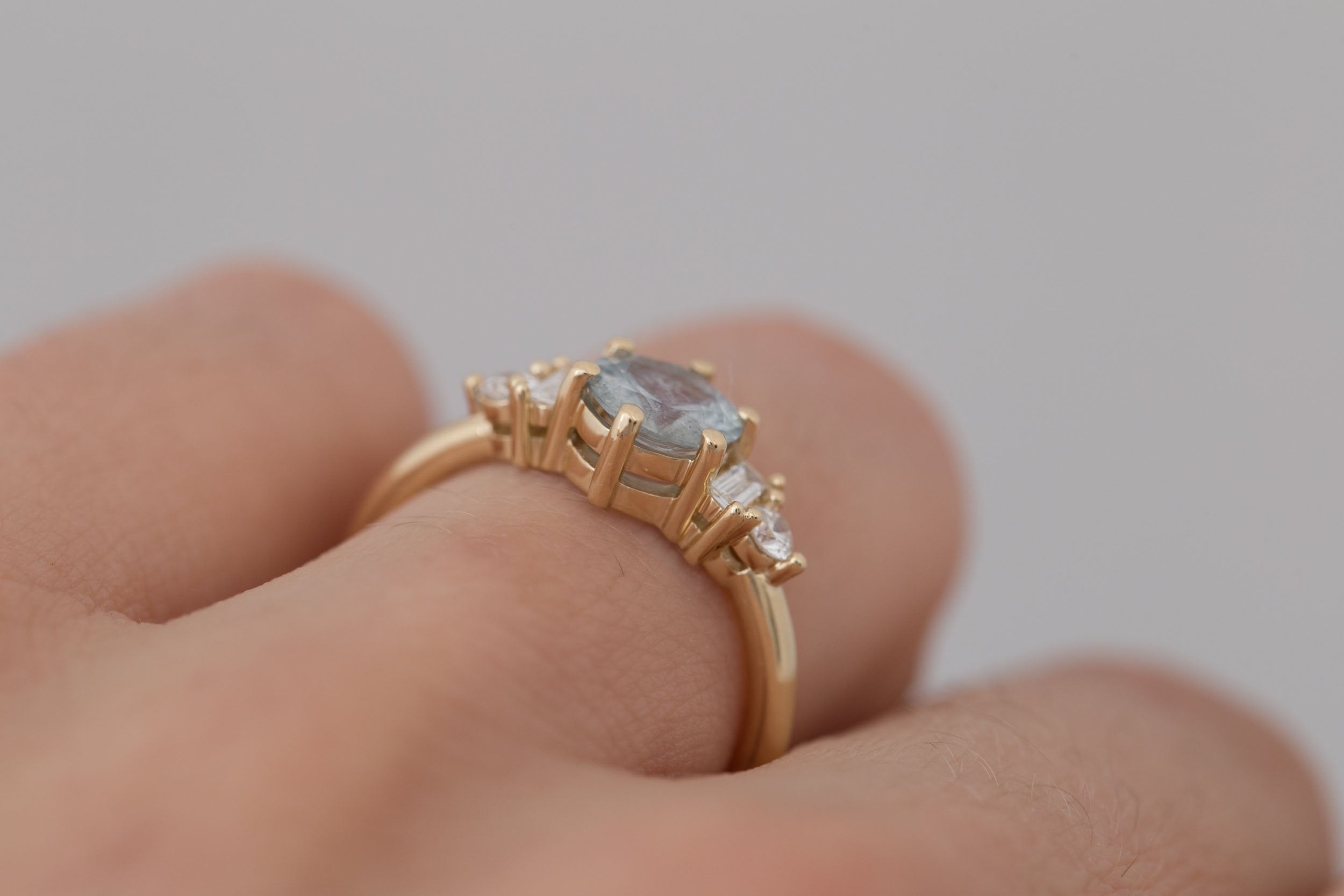 Alsea Ring | Grey Montana Sapphire + Baguette and Round Diamond Accent Engagement Ring 1.10 ct | 14k Recycled Gold | One of a Kind