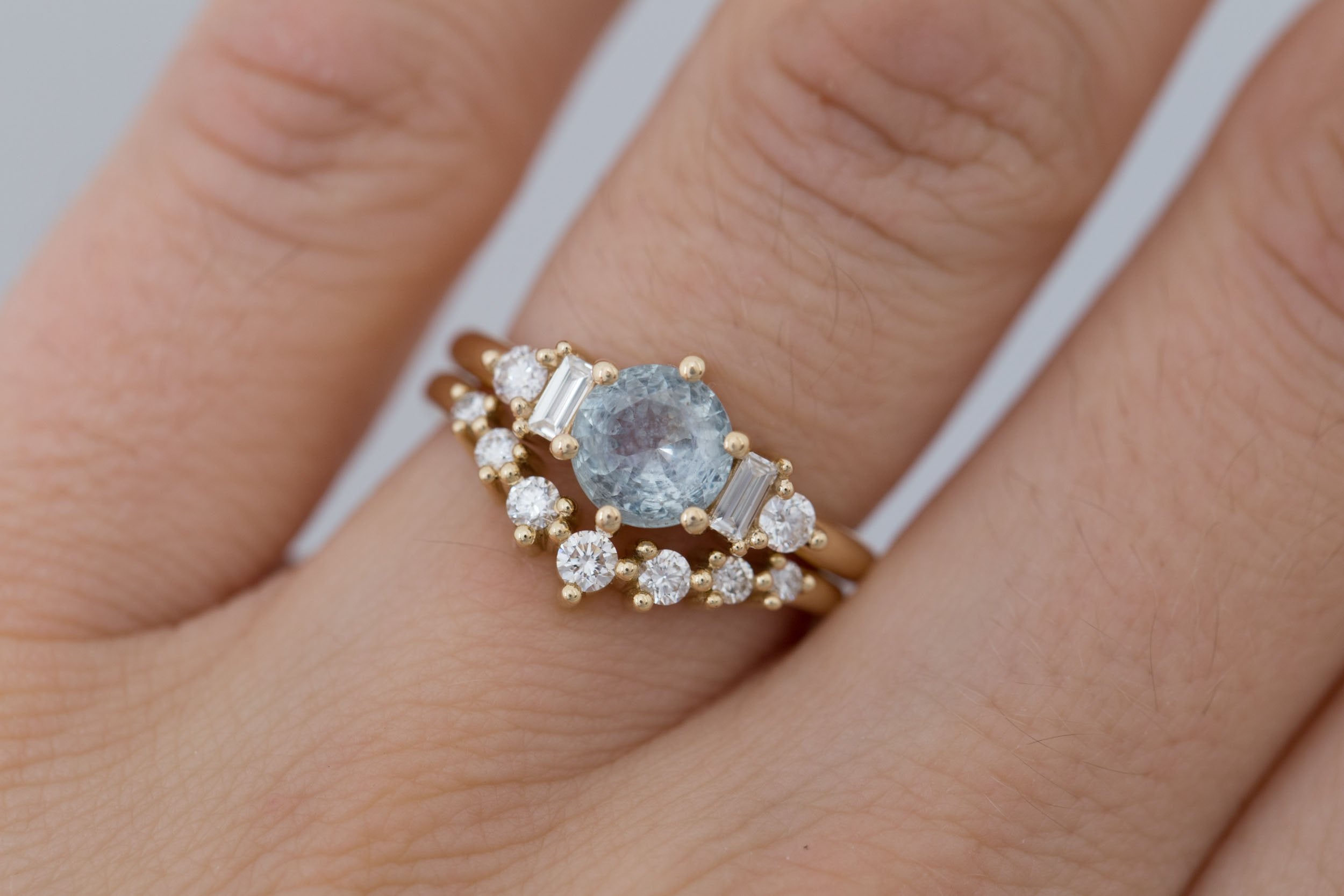 Alsea Ring | Grey Montana Sapphire + Baguette and Round Diamond Accent Engagement Ring 1.10 ct | 14k Recycled Gold | One of a Kind