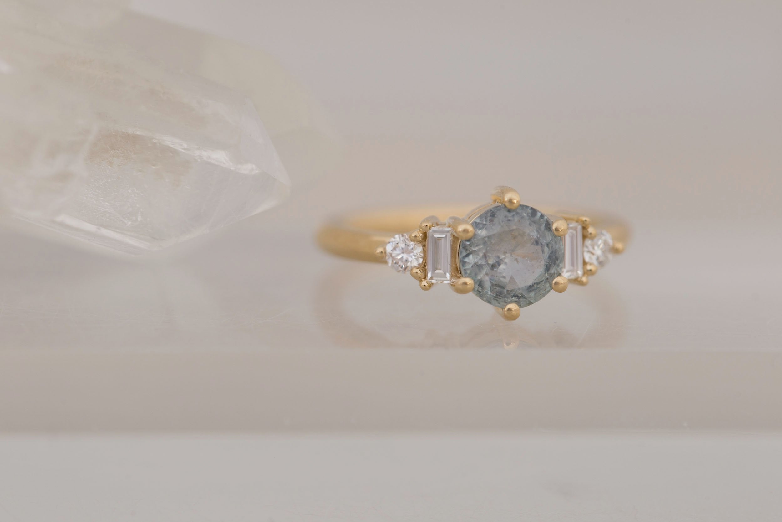 Alsea Ring | Grey Montana Sapphire + Baguette and Round Diamond Accent Engagement Ring 1.10 ct | 14k Recycled Gold | One of a Kind