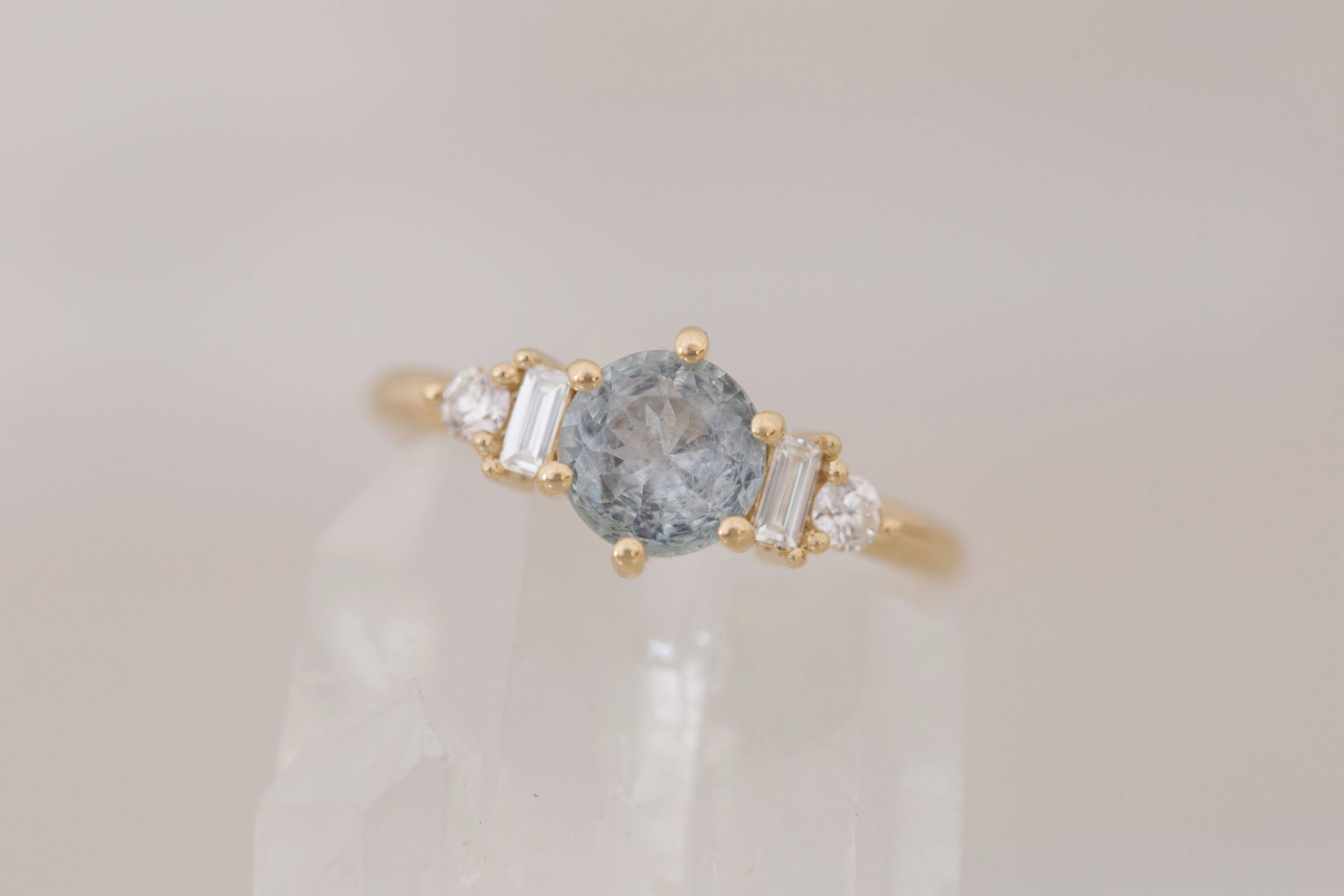 Alsea Ring | Grey Montana Sapphire + Baguette and Round Diamond Accent Engagement Ring 1.10 ct | 14k Recycled Gold | One of a Kind