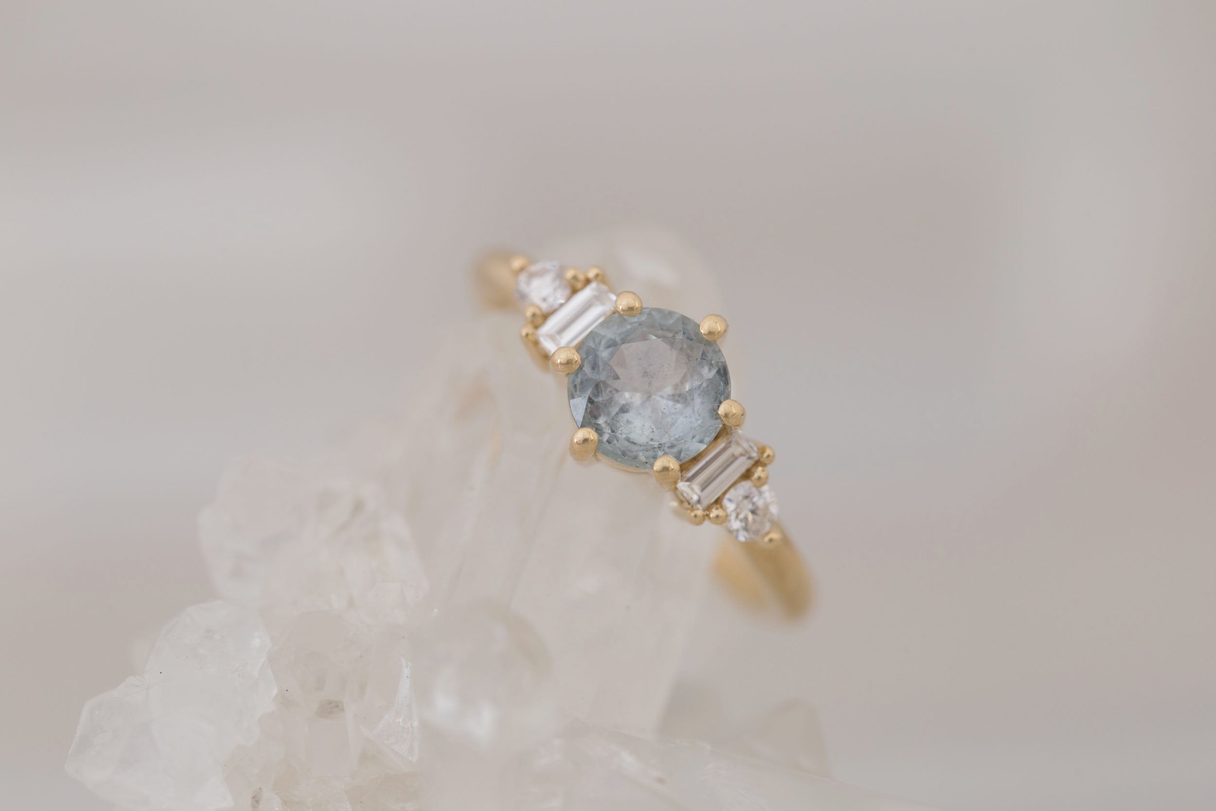 Alsea Ring | Grey Montana Sapphire + Baguette and Round Diamond Accent Engagement Ring 1.10 ct | 14k Recycled Gold | One of a Kind
