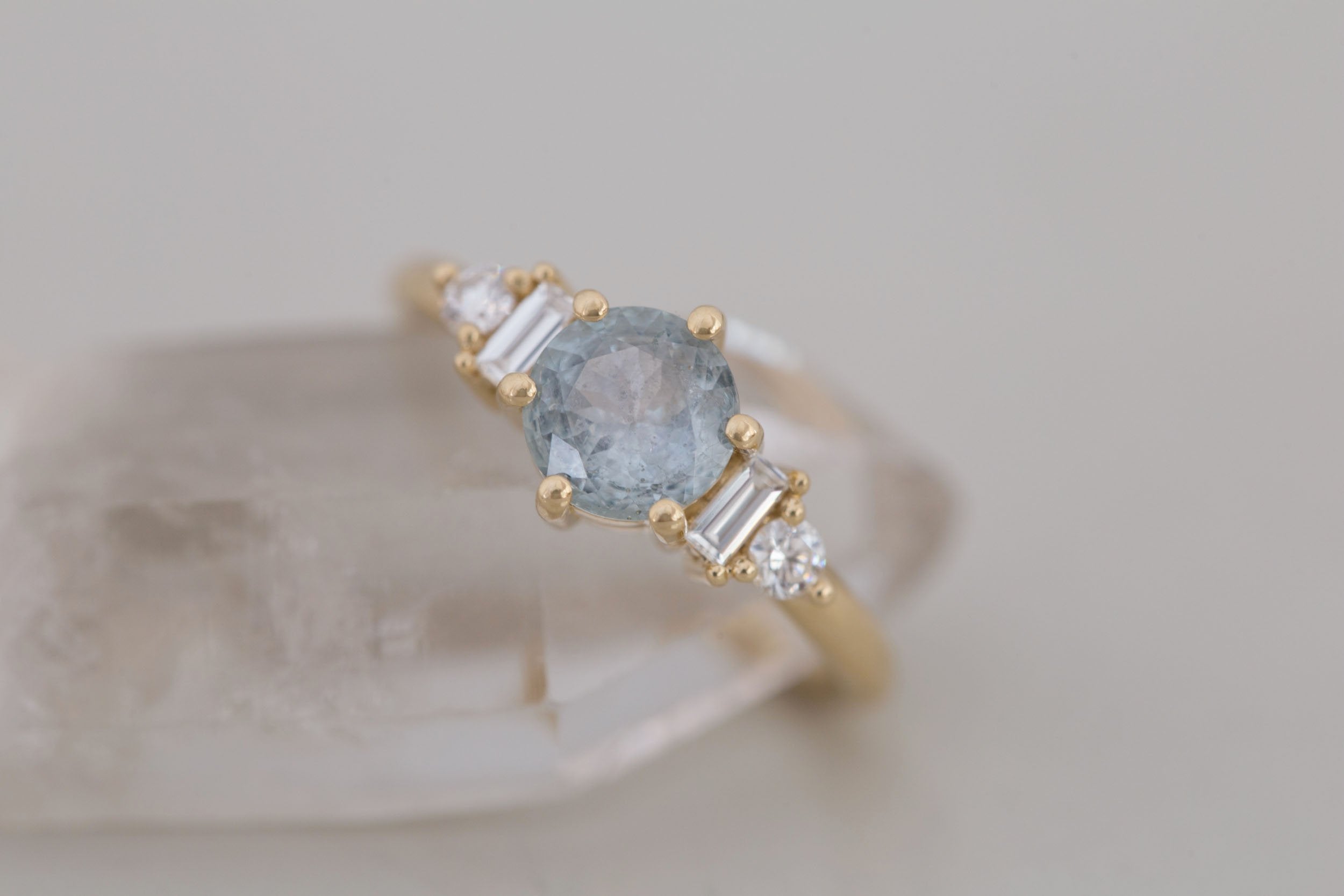 Alsea Ring | Grey Montana Sapphire + Baguette and Round Diamond Accent Engagement Ring 1.10 ct | 14k Recycled Gold | One of a Kind