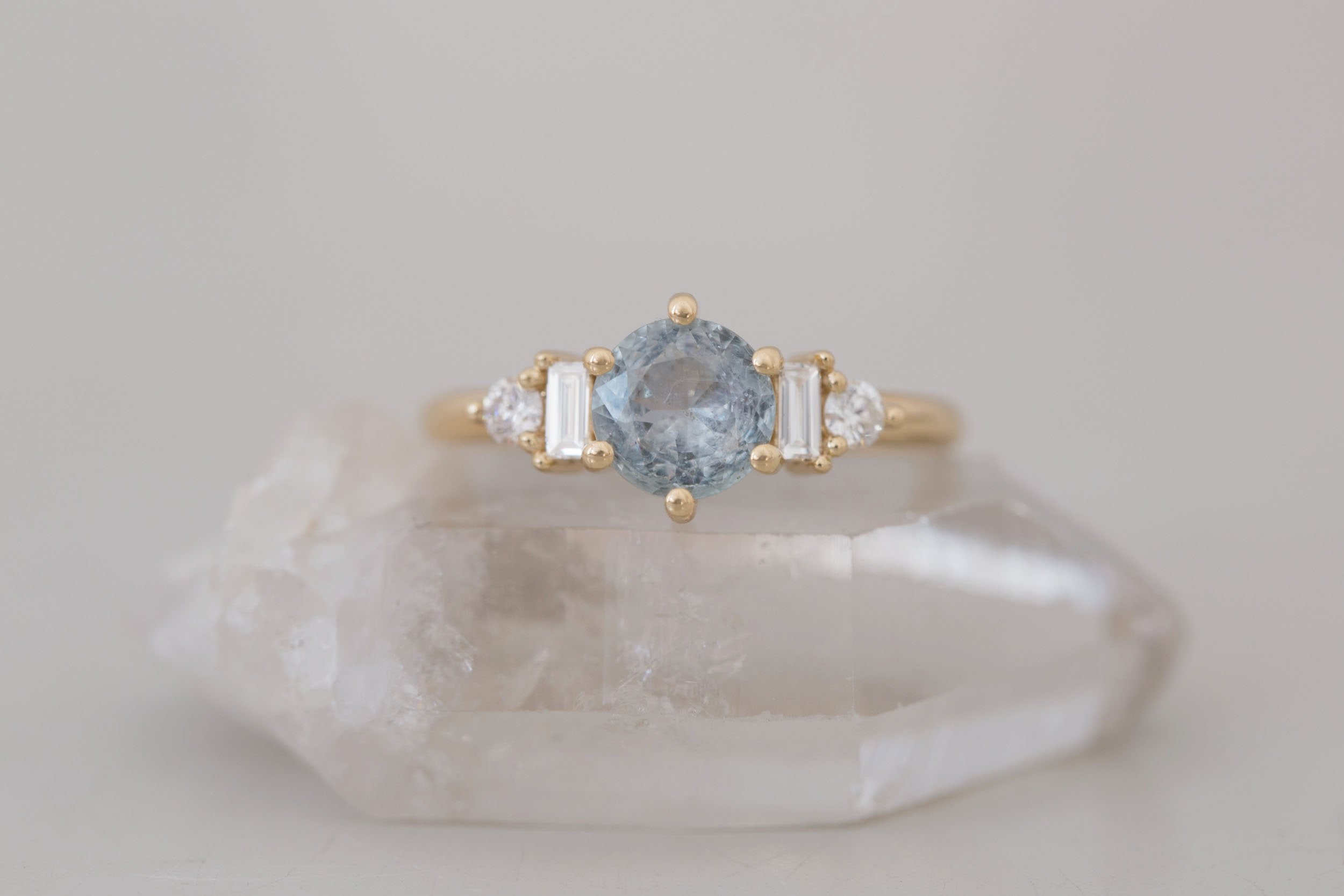 Alsea Ring | Grey Montana Sapphire + Baguette and Round Diamond Accent Engagement Ring 1.10 ct | 14k Recycled Gold | One of a Kind