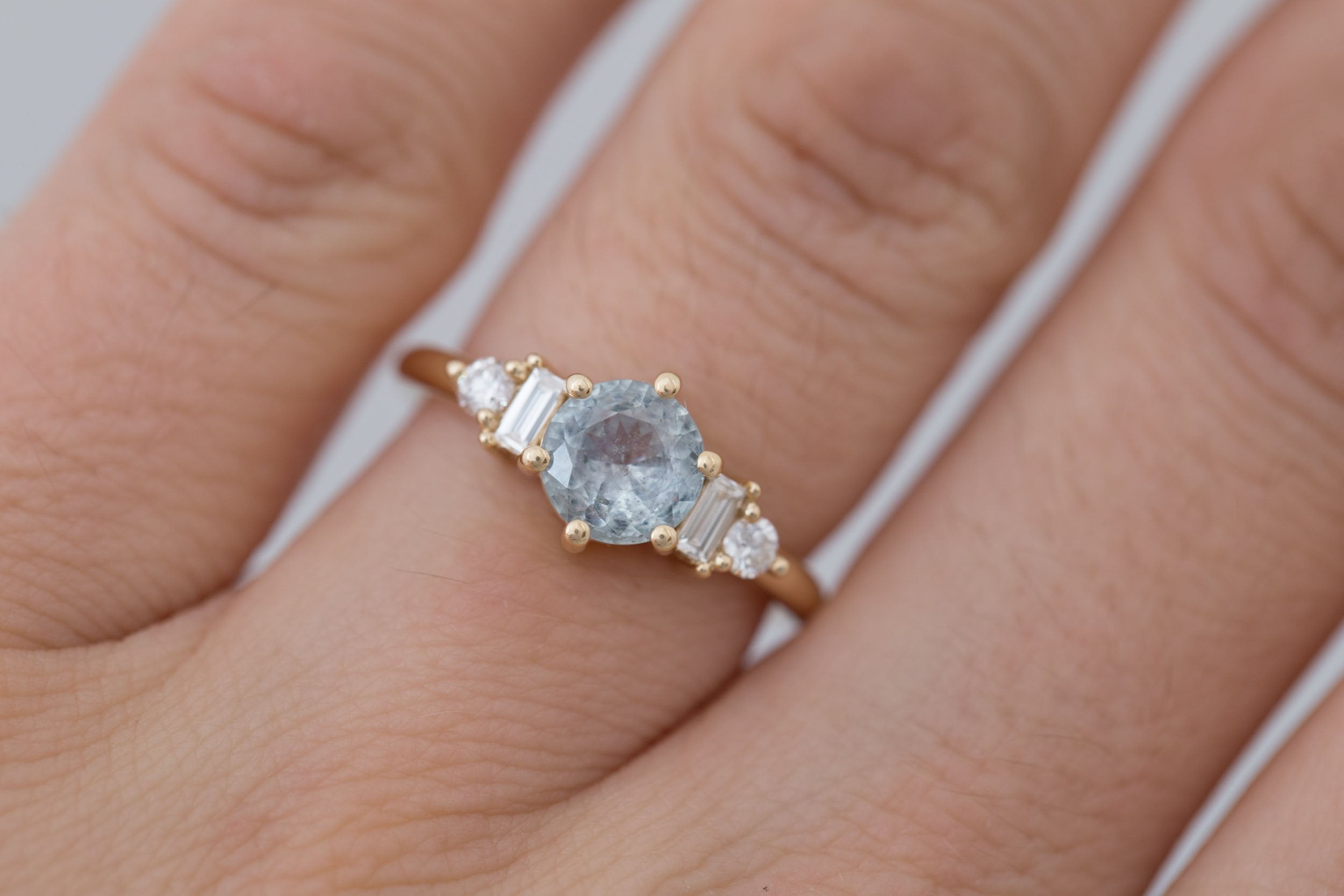 Alsea Ring | Grey Montana Sapphire + Baguette and Round Diamond Accent Engagement Ring 1.10 ct | 14k Recycled Gold | One of a Kind