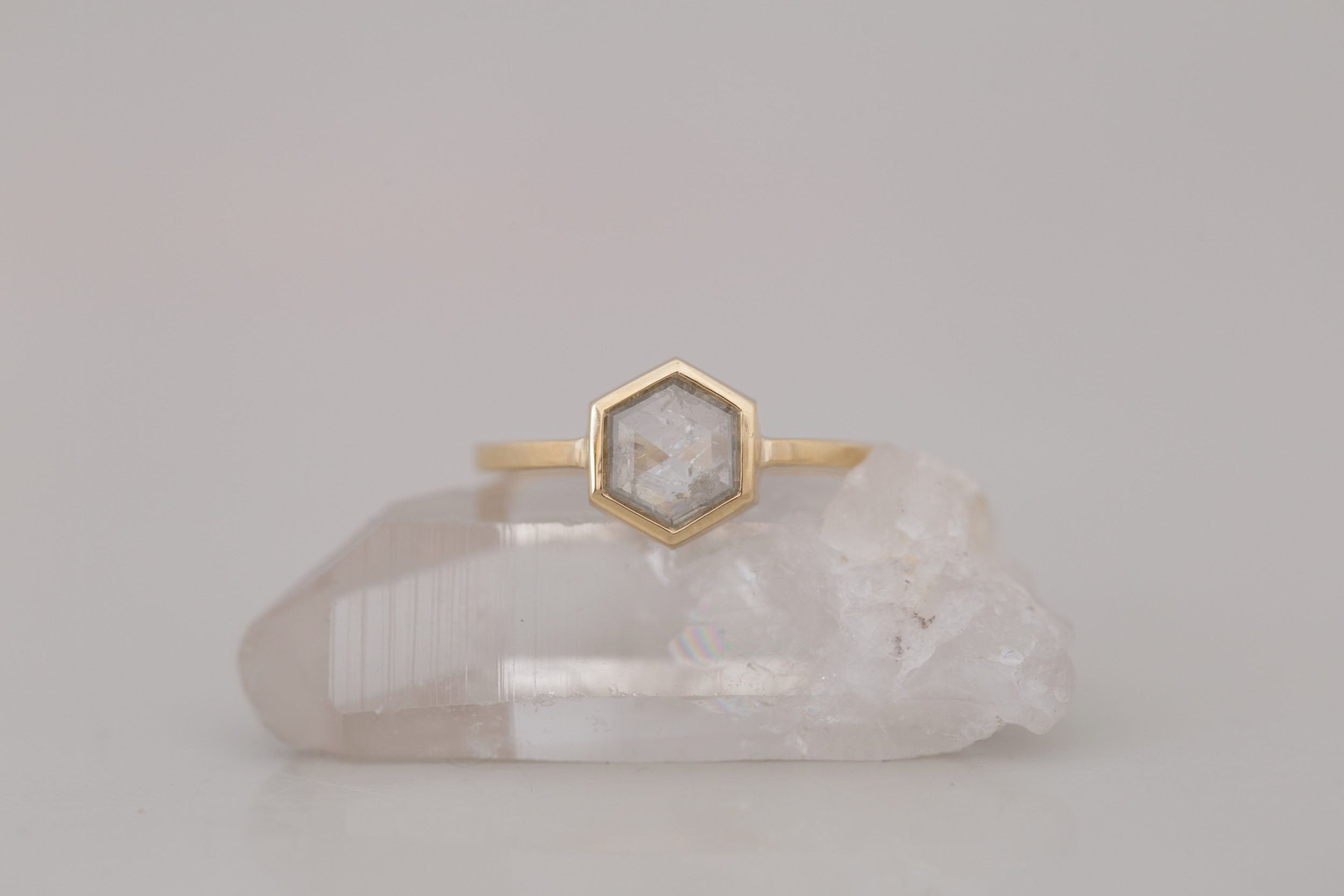 Avens Ring | Silver Diamond Hexagon Solitaire Engagement Ring 1.10 ct | 14k Recycled Gold | One of a Kind