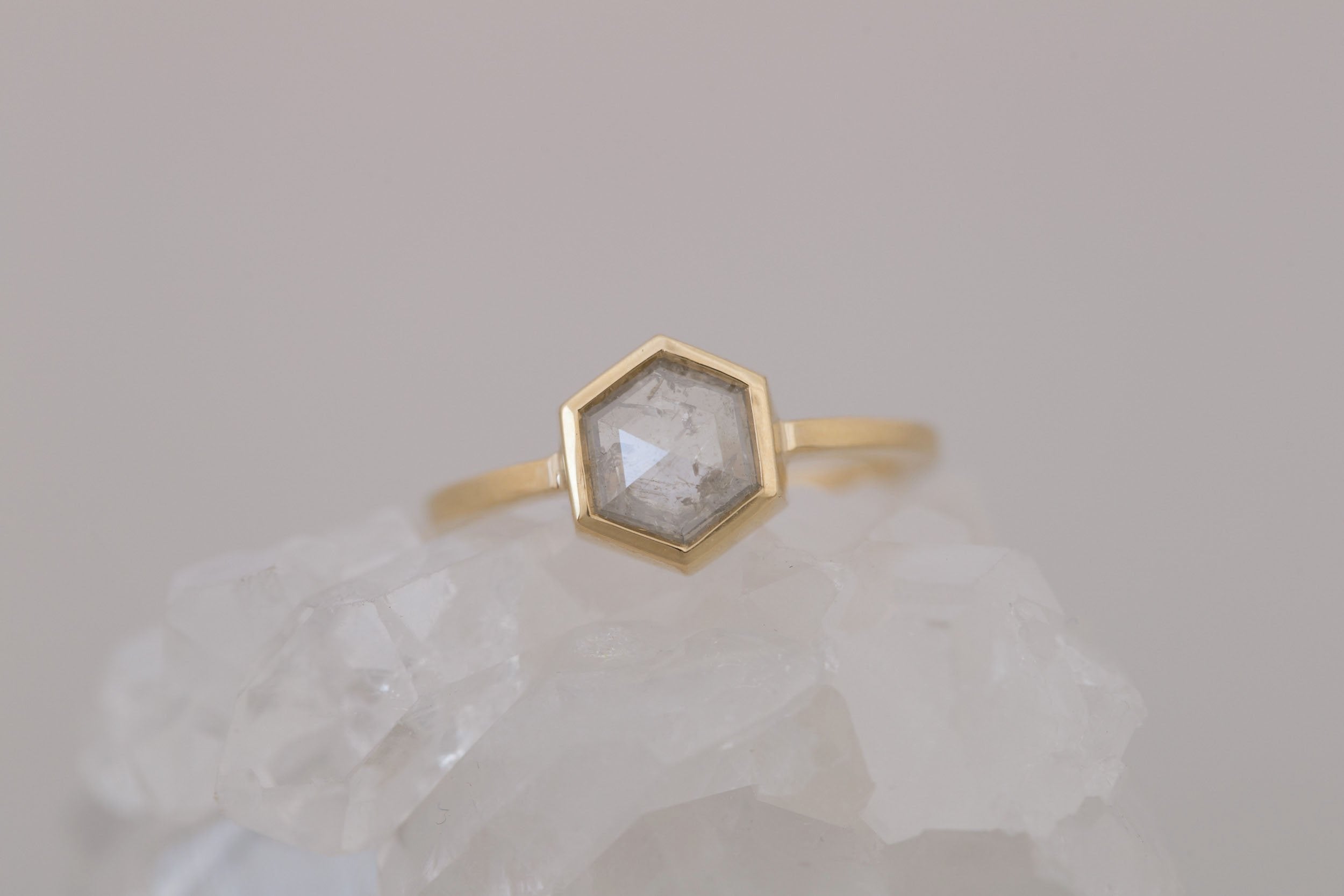 Avens Ring | Silver Diamond Hexagon Solitaire Engagement Ring 1.10 ct | 14k Recycled Gold | One of a Kind